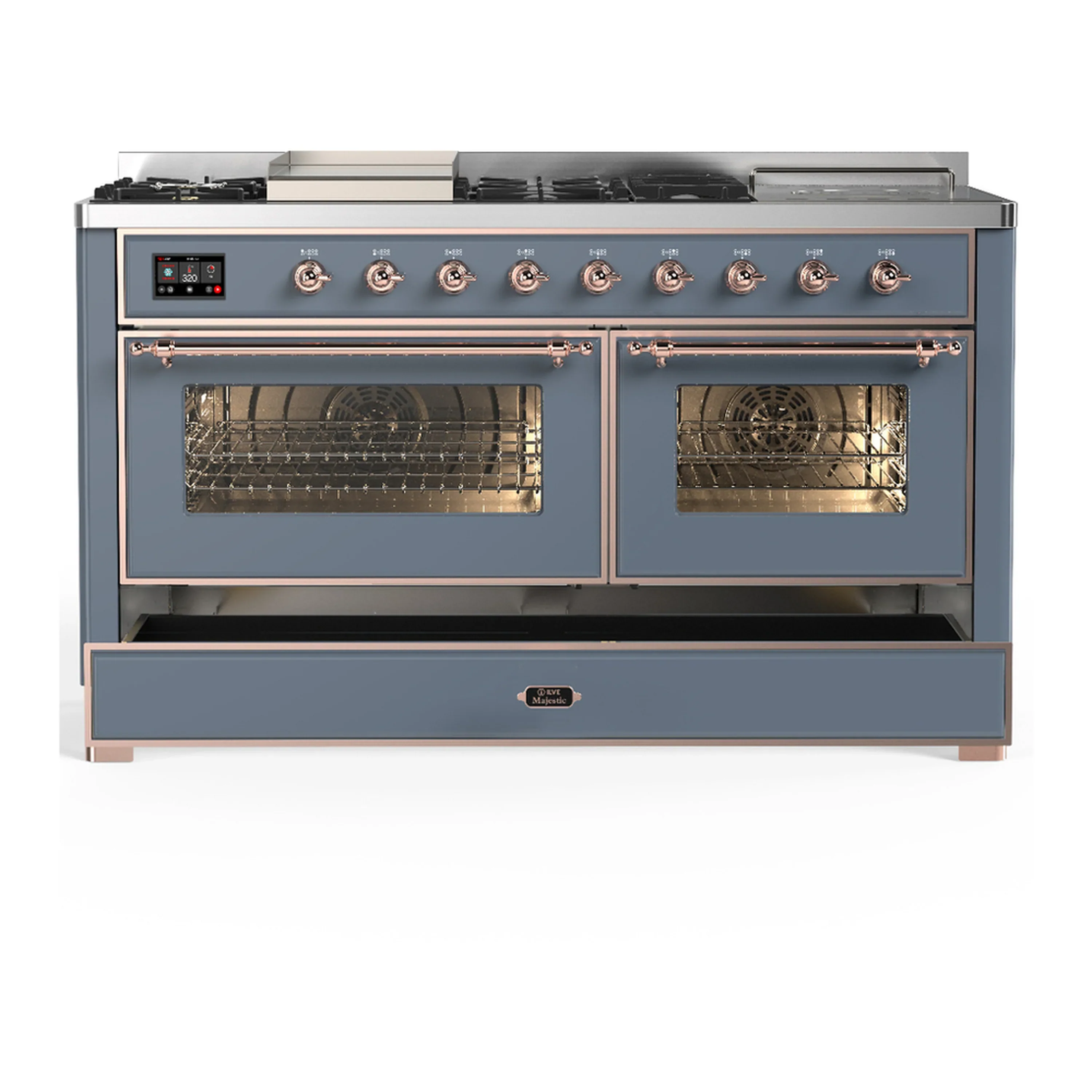 ILVE Majestic III 60-inch Dual Fuel Range with 5 Liquid Propane Burner, Griddle, French Top and Triple Glass Door Electric Oven in Blue Grey with Copper Trim (UM60FSNR3BGPLP) - Image 3