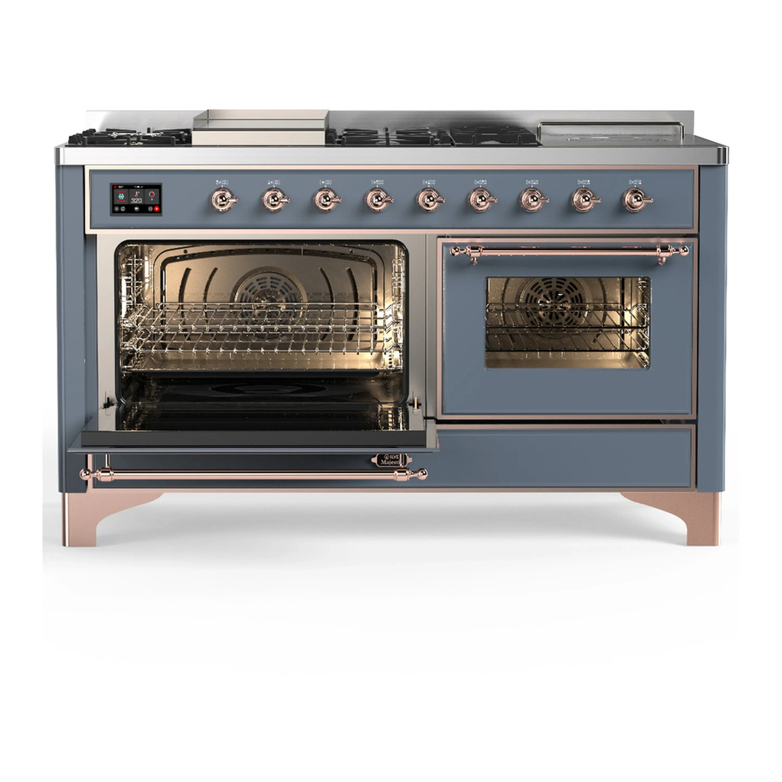 ILVE Majestic III 60-inch Dual Fuel Range with 5 Liquid Propane Burner, Griddle, French Top and Triple Glass Door Electric Oven in Blue Grey with Copper Trim (UM60FSNR3BGPLP) - Image 5