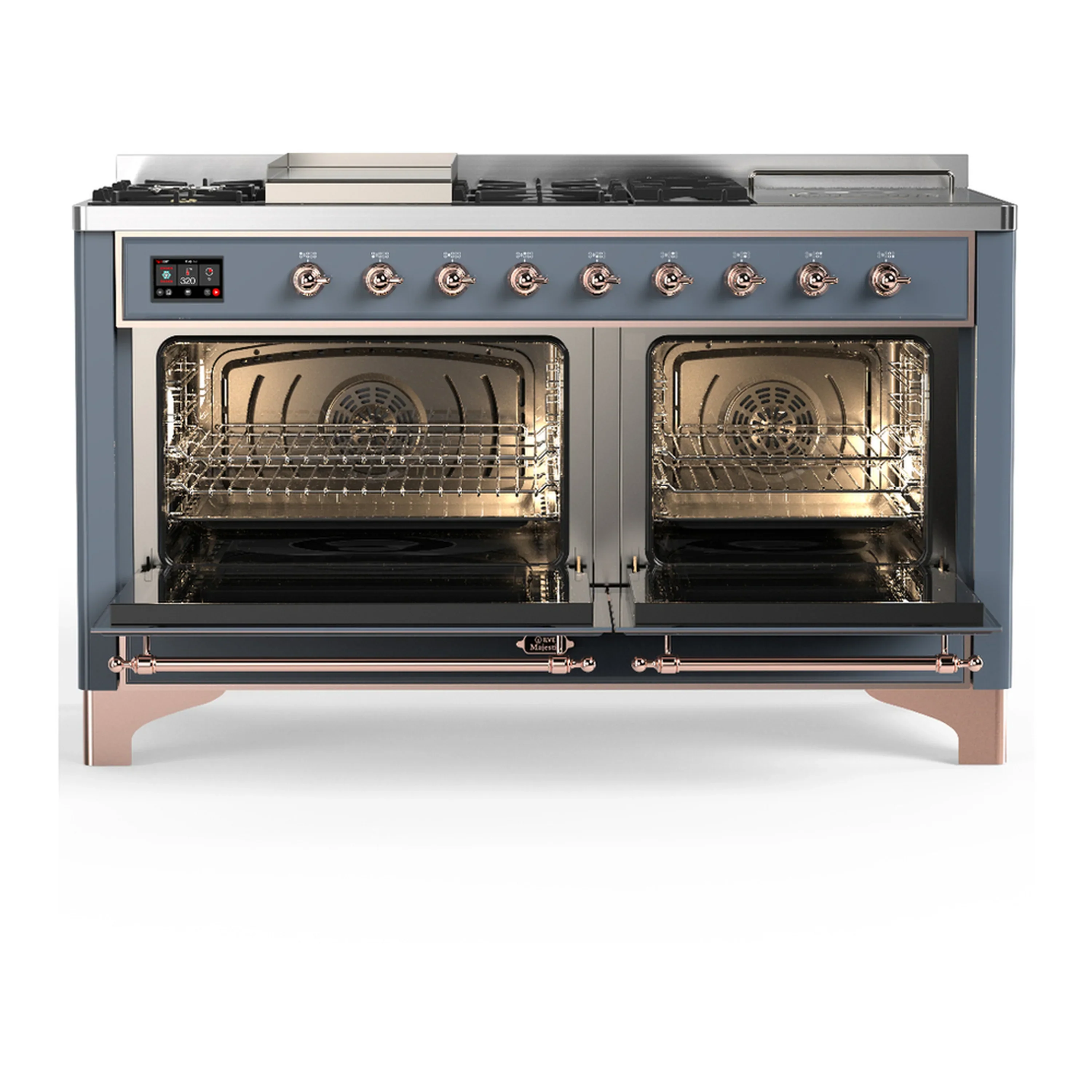 ILVE Majestic III 60-inch Dual Fuel Range with 5 Liquid Propane Burner, Griddle, French Top and Triple Glass Door Electric Oven in Blue Grey with Copper Trim (UM60FSNR3BGPLP) - Image 6