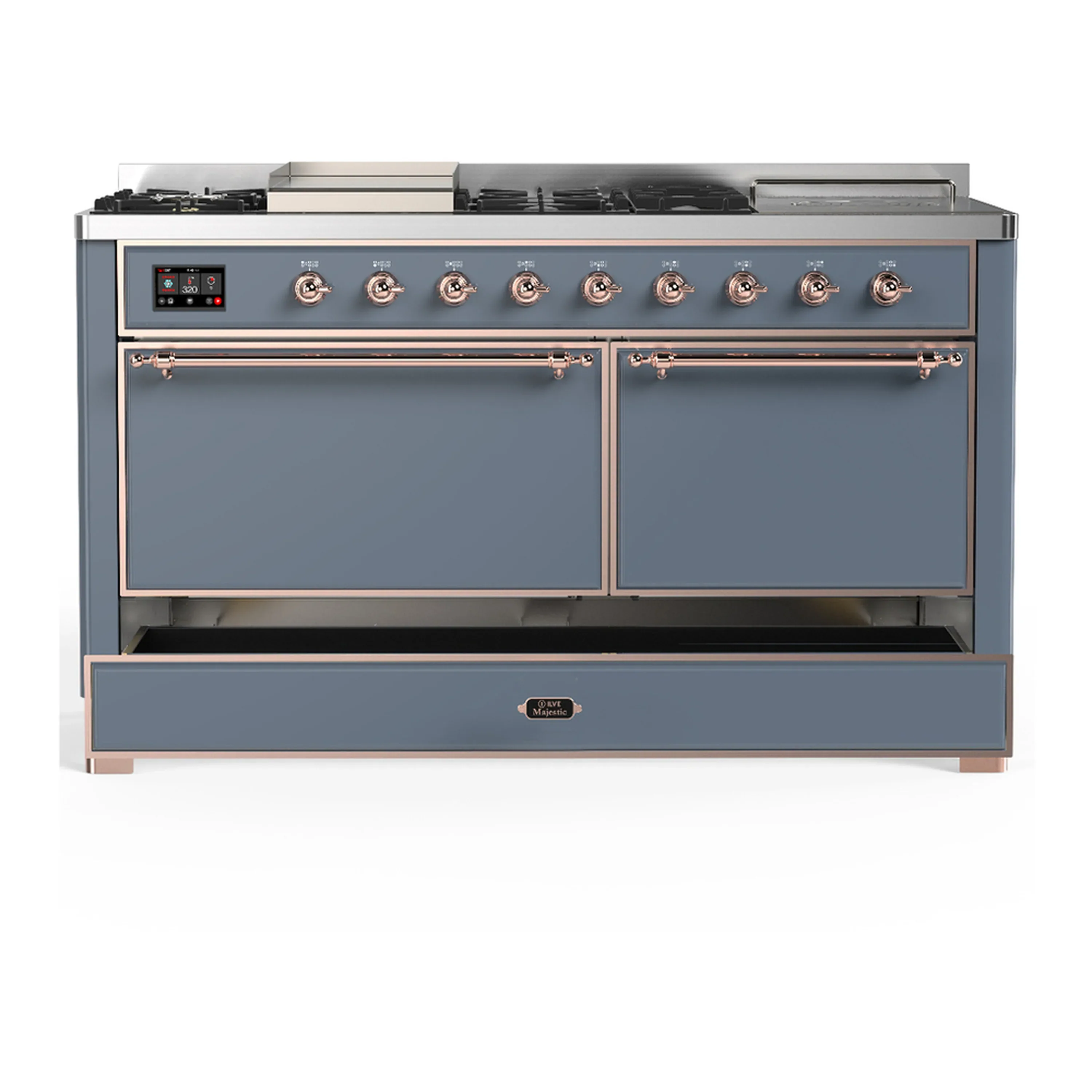 ILVE Majestic III 60-inch Dual Fuel Range with 7 Natural Gas Burner, Griddle, French Top and Solid Door Electric Oven in Blue Grey with Copper Trim (UM60FSQNR3BGP) - Image 3