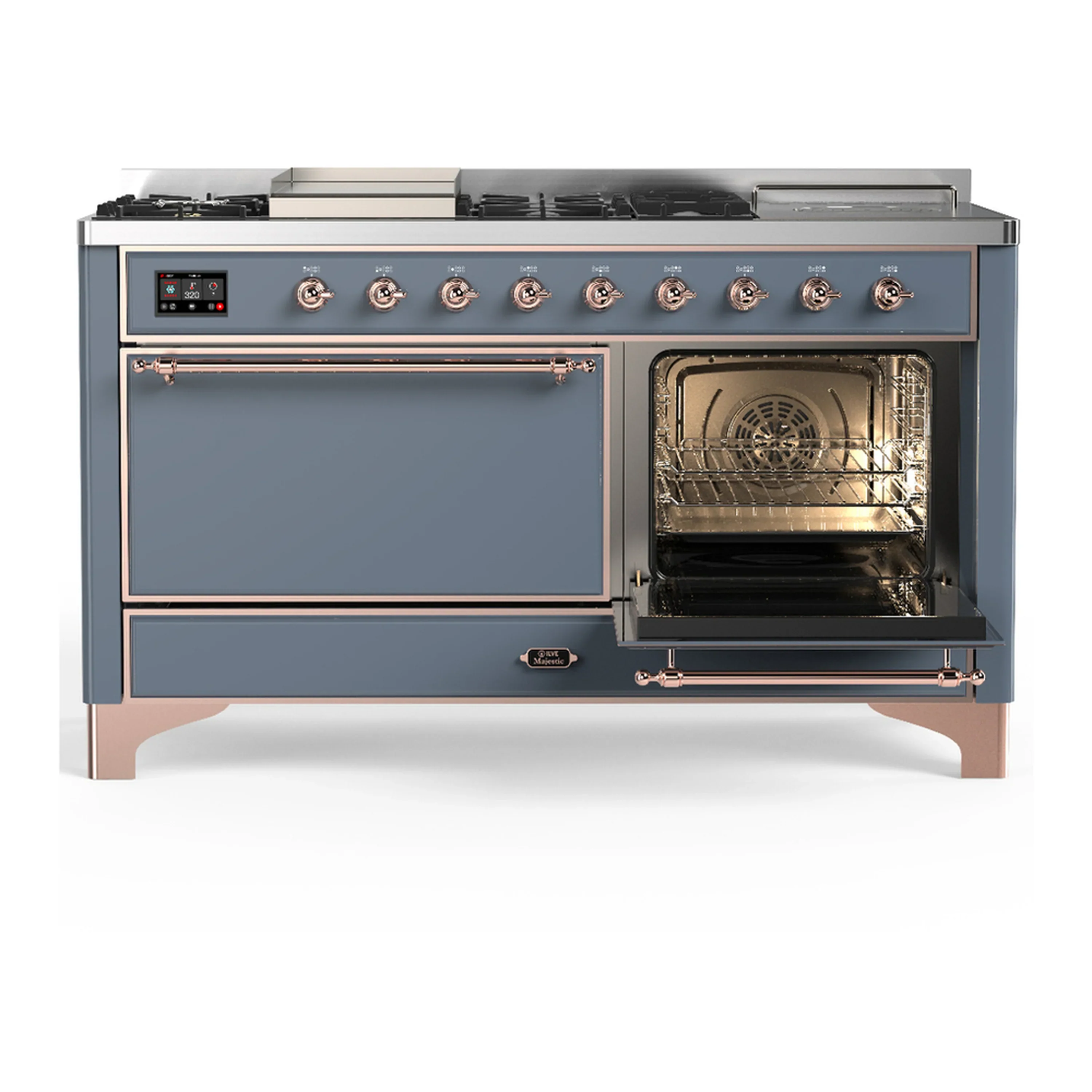 ILVE Majestic III 60-inch Dual Fuel Range with 5 Liquid Propane Burner, Griddle, French Top and Solid Door Electric Oven in Blue Grey with Copper Trim (UM60FSQNR3BGPLP) - Image 4