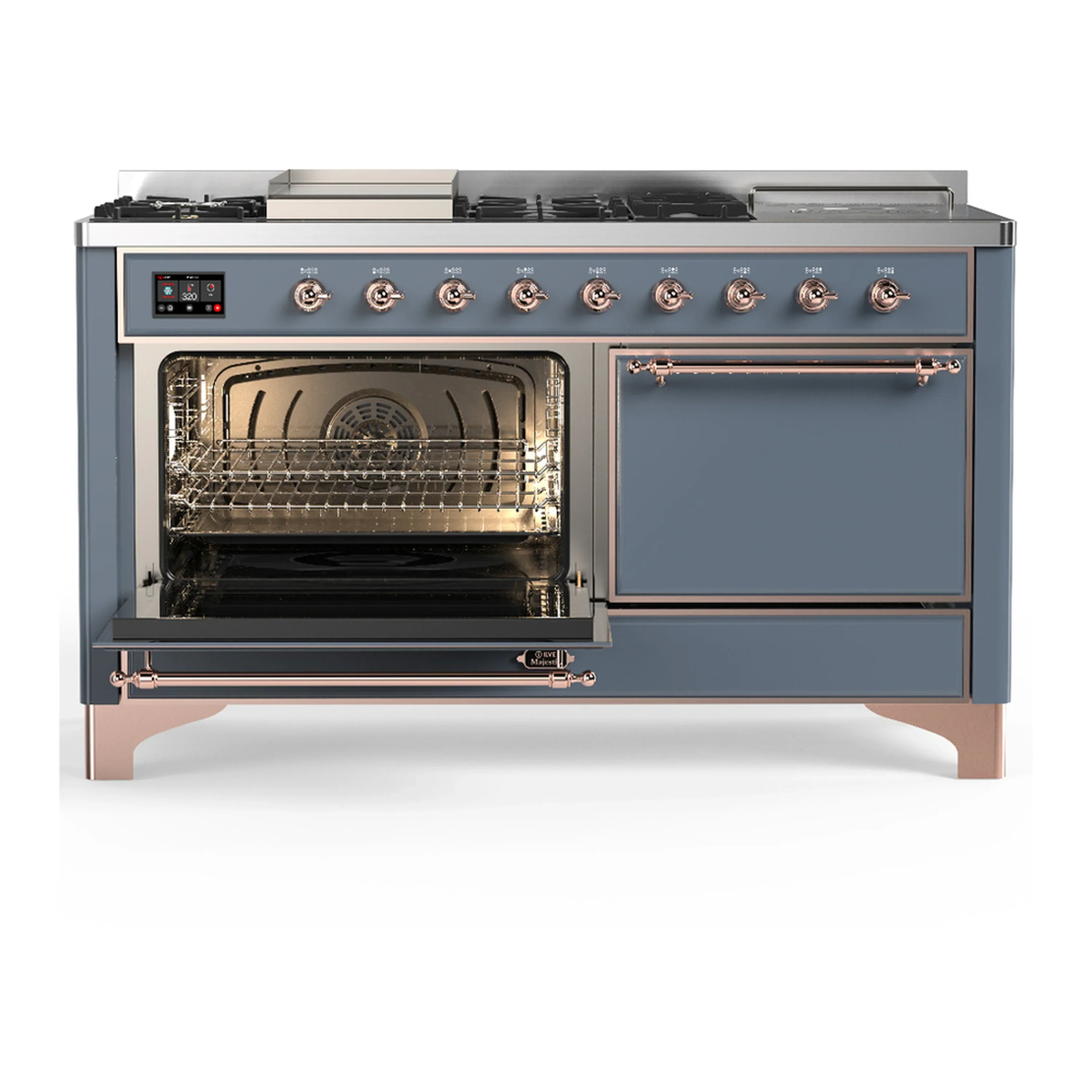 ILVE Majestic III 60-inch Dual Fuel Range with 5 Liquid Propane Burner, Griddle, French Top and Solid Door Electric Oven in Blue Grey with Copper Trim (UM60FSQNR3BGPLP) - Image 5