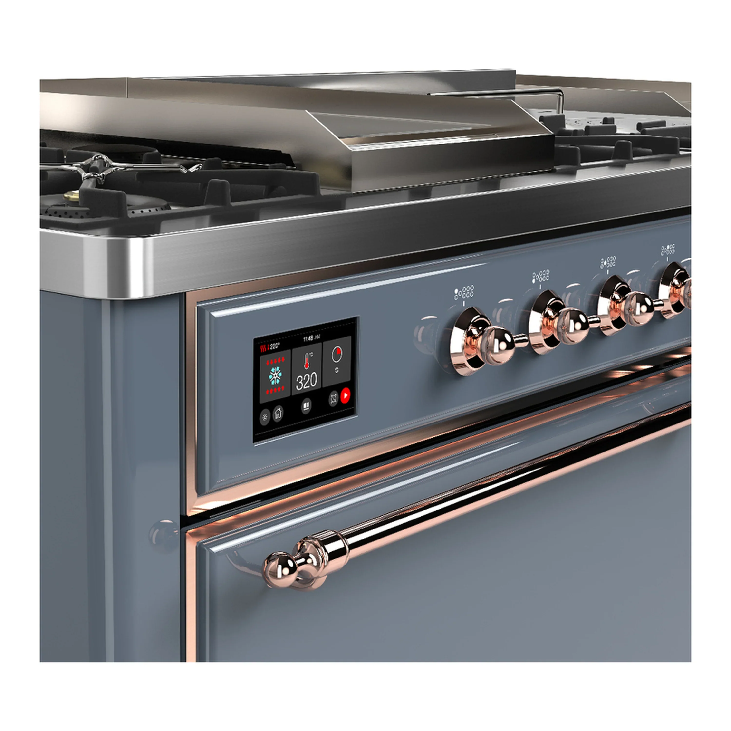 ILVE Majestic III 60-inch Dual Fuel Range with 5 Liquid Propane Burner, Griddle, French Top and Solid Door Electric Oven in Blue Grey with Copper Trim (UM60FSQNR3BGPLP) - Image 7