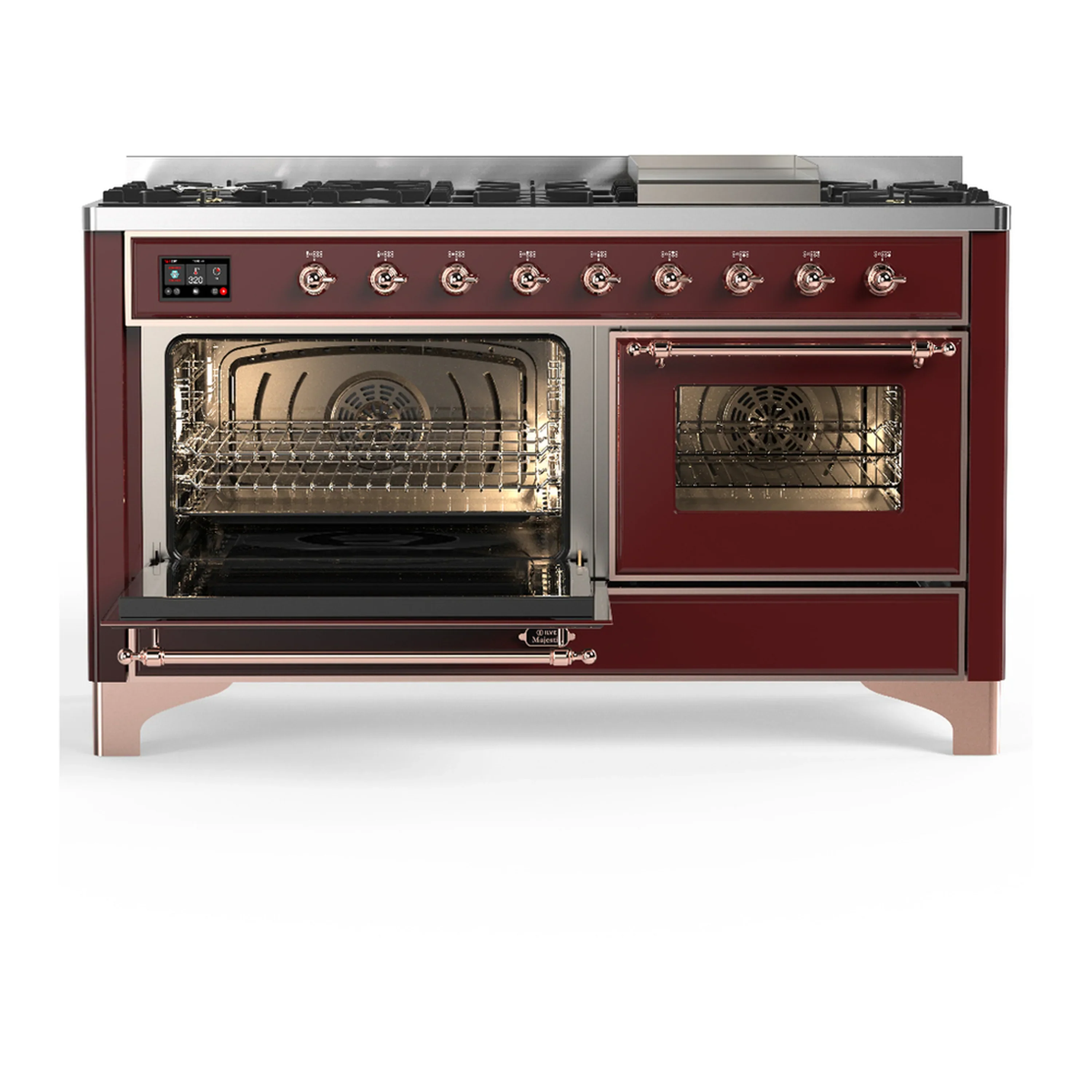 ILVE Majestic III 60-inch Dual Fuel Range with 7 Natural Gas Burner, Griddle and Triple Glass Door Electric Oven in Burgundy with Copper Trim (UM60FNR3BUP) - Image 5