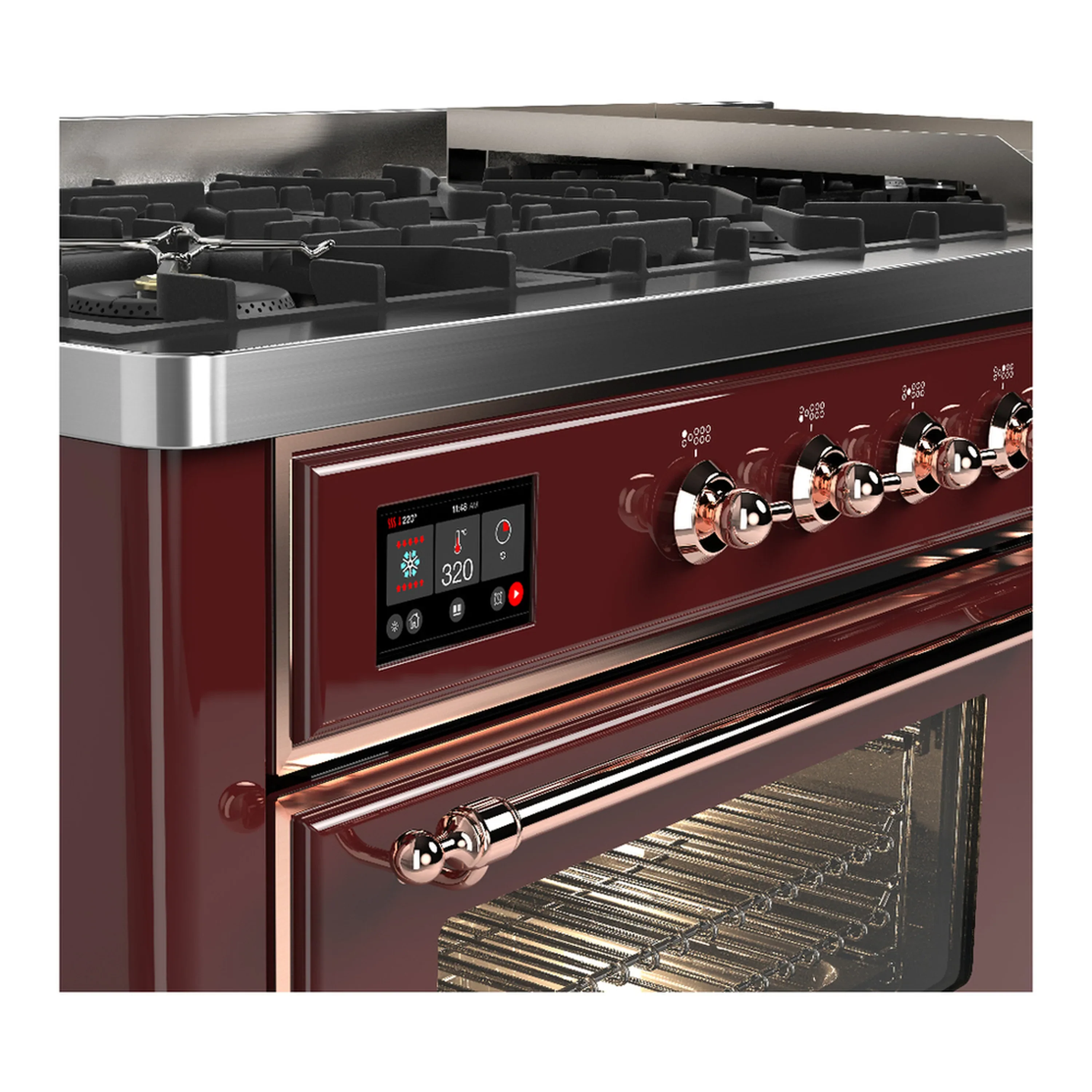 ILVE Majestic III 60-inch Dual Fuel Range with 7 Natural Gas Burner, Griddle and Triple Glass Door Electric Oven in Burgundy with Copper Trim (UM60FNR3BUP) - Image 7