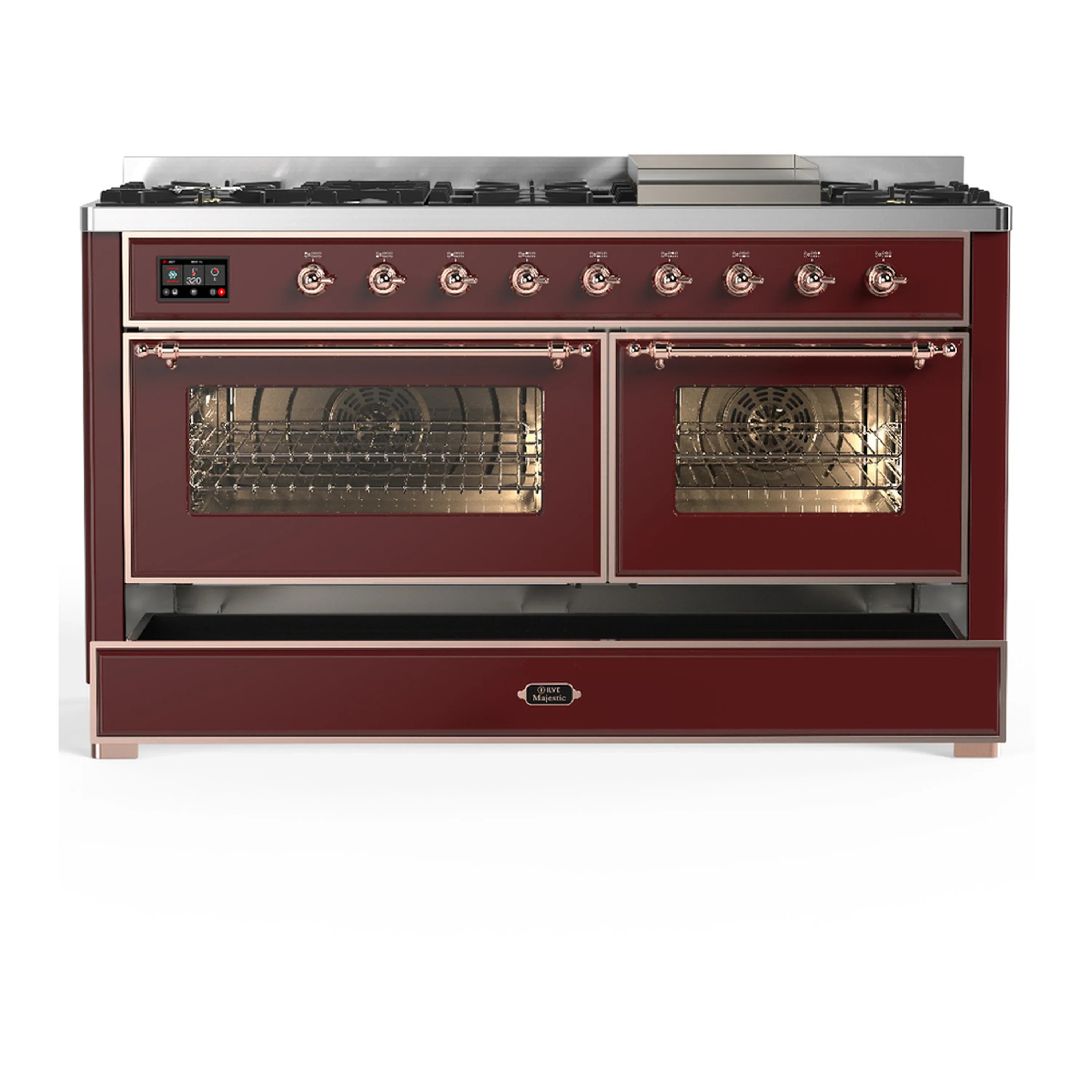 ILVE Majestic III 60-inch Dual Fuel Range with 5 Liquid Propane Burner, Griddle and Triple Glass Door Electric Oven in Burgundy with Copper Trim (UM60FNR3BUPLP) - Image 3