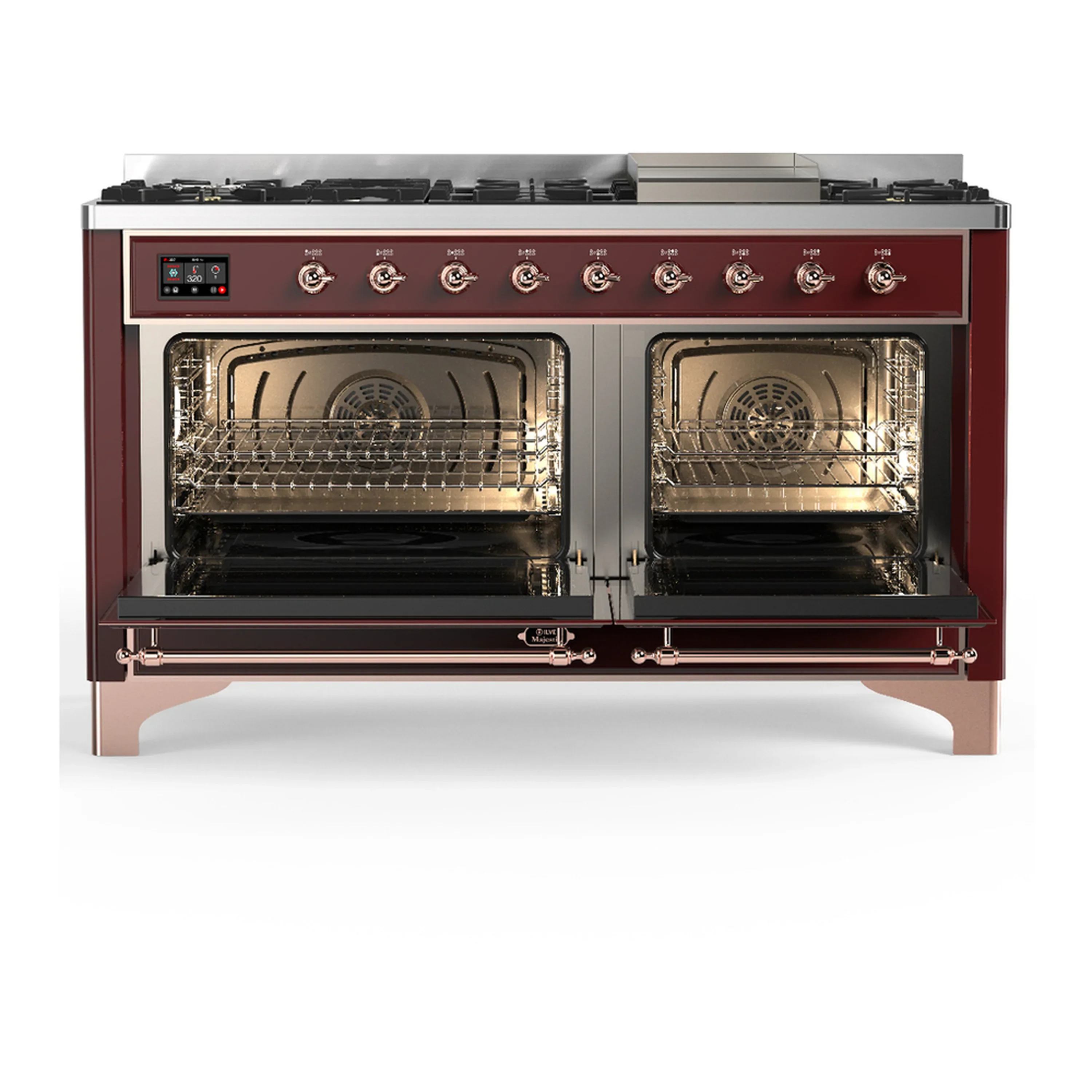 ILVE Majestic III 60-inch Dual Fuel Range with 7 Natural Gas Burner, Griddle and Solid Door Electric Oven in Burgundy with Copper Trim (UM60FQNR3BUP) - Image 6