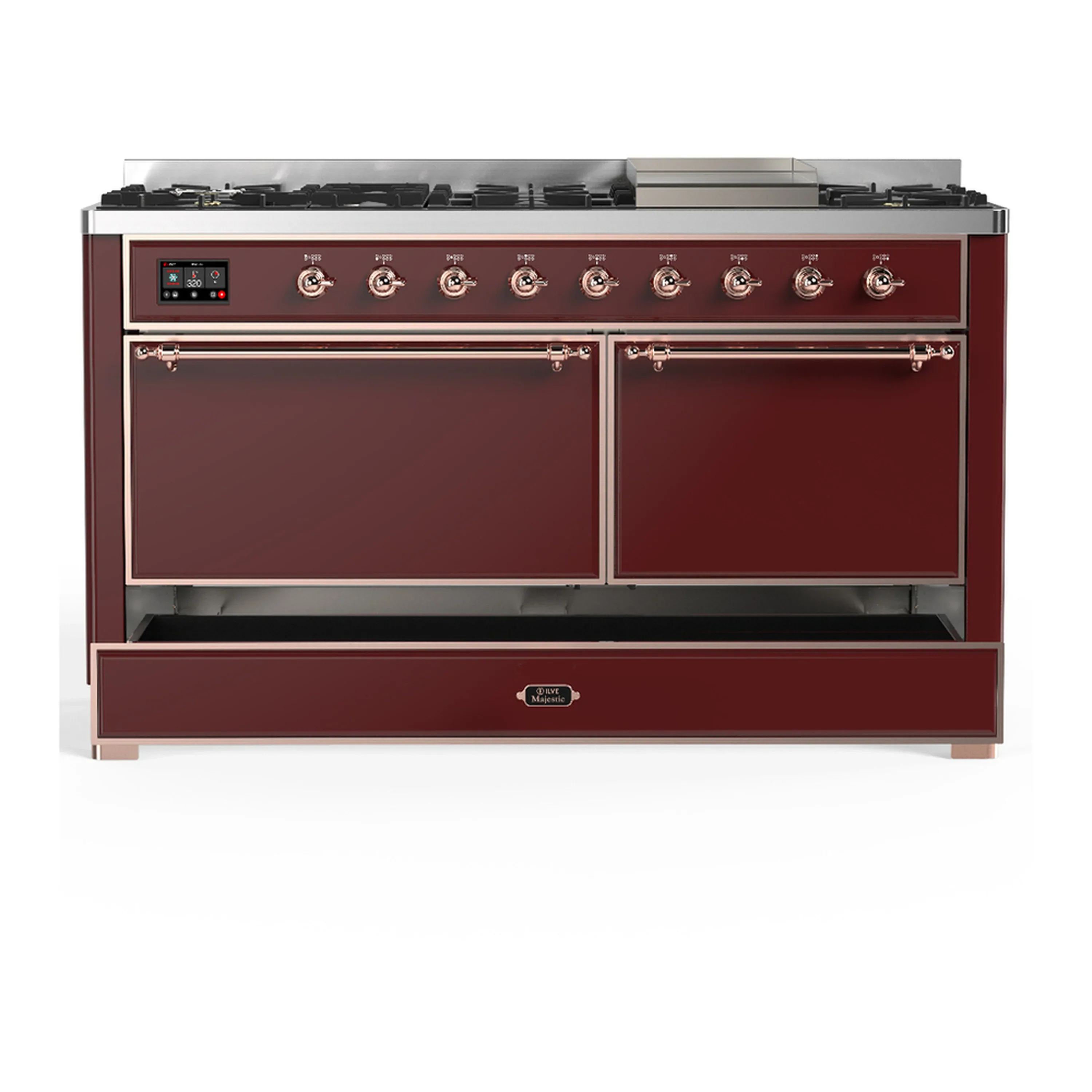 ILVE Majestic III 60-inch Dual Fuel Range with 5 Liquid Propane Burner, Griddle and Solid Door Electric Oven in Burgundy with Copper Trim (UM60FQNR3BUPLP) - Image 3