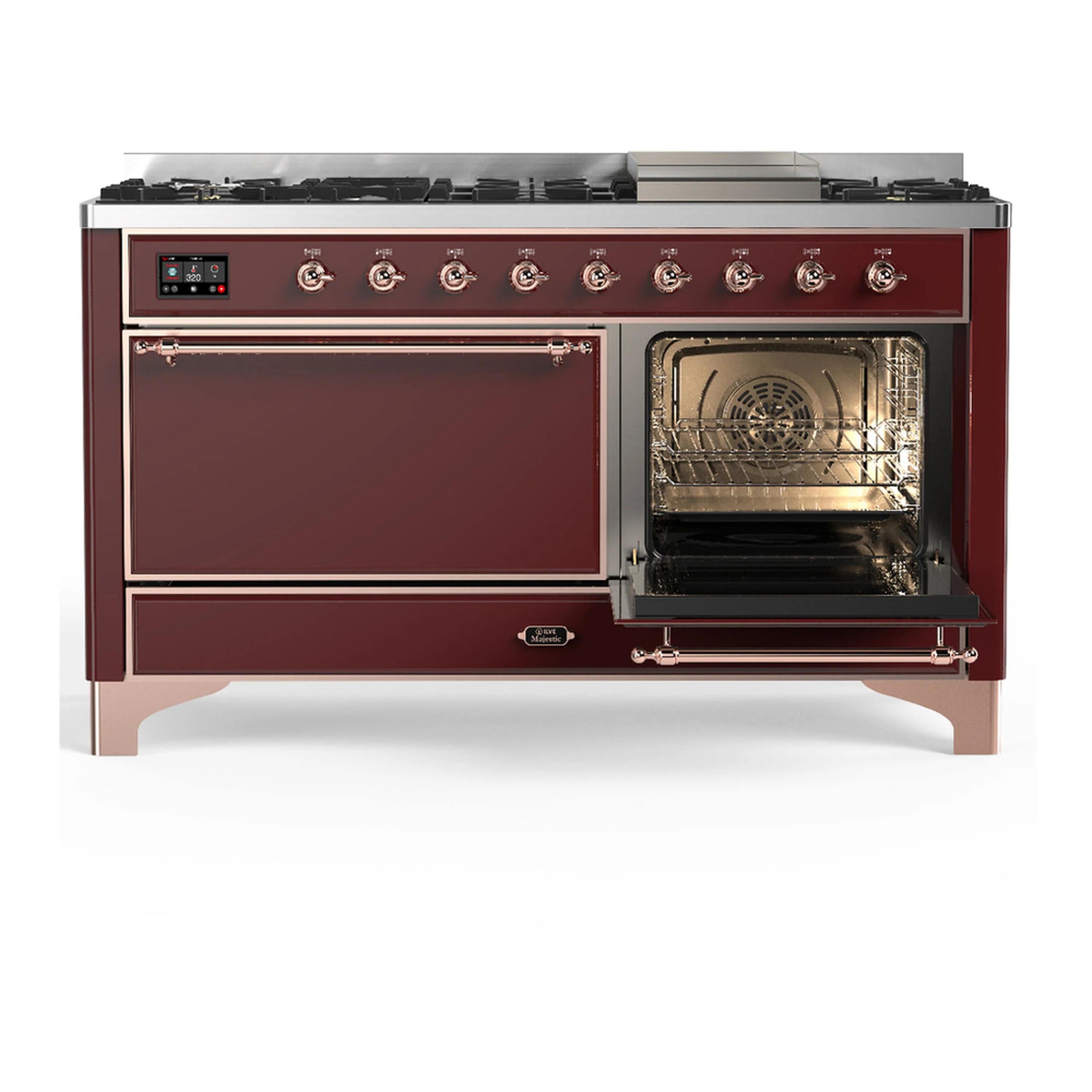 ILVE Majestic III 60-inch Dual Fuel Range with 5 Liquid Propane Burner, Griddle and Solid Door Electric Oven in Burgundy with Copper Trim (UM60FQNR3BUPLP) - Image 4