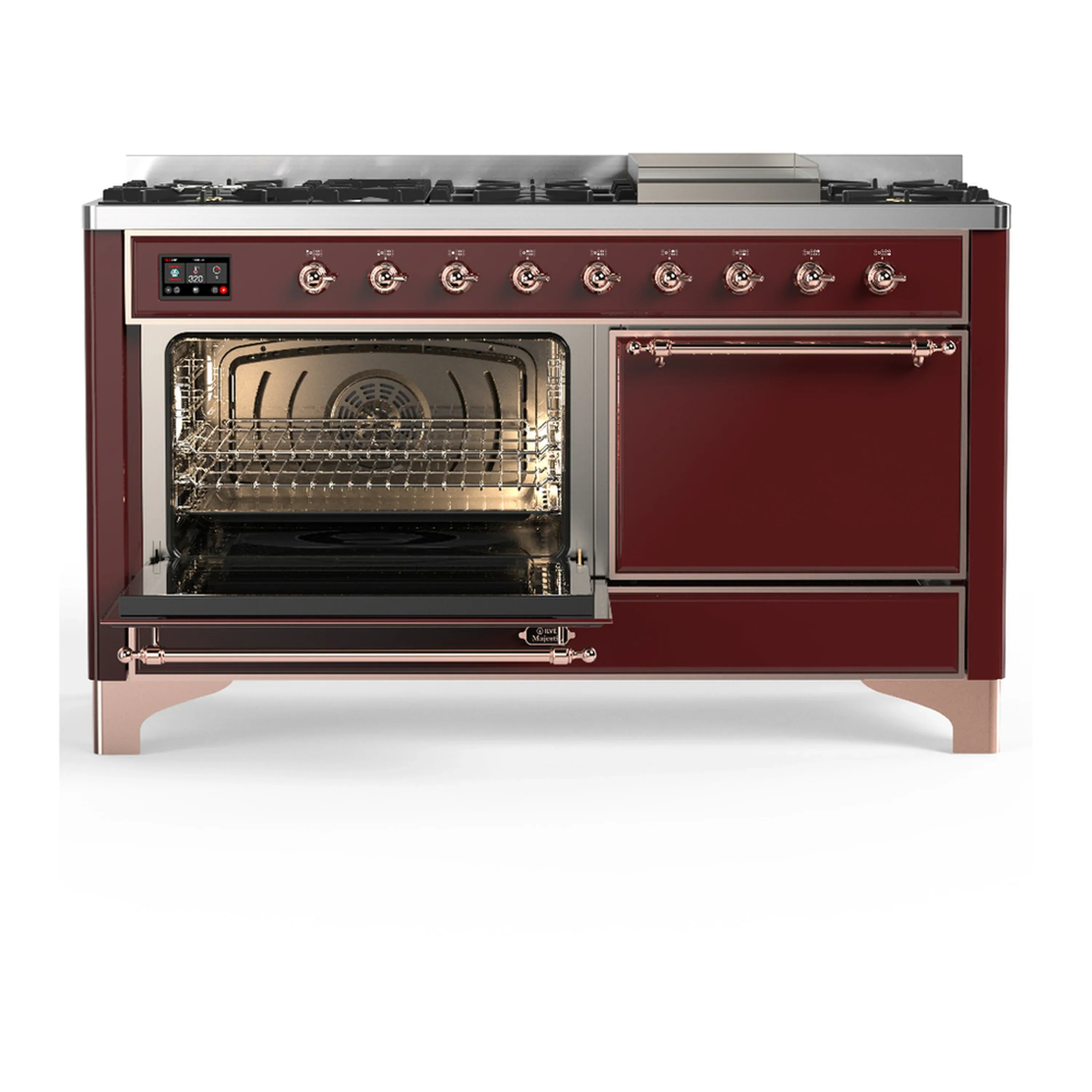 ILVE Majestic III 60-inch Dual Fuel Range with 5 Liquid Propane Burner, Griddle and Solid Door Electric Oven in Burgundy with Copper Trim (UM60FQNR3BUPLP) - Image 5