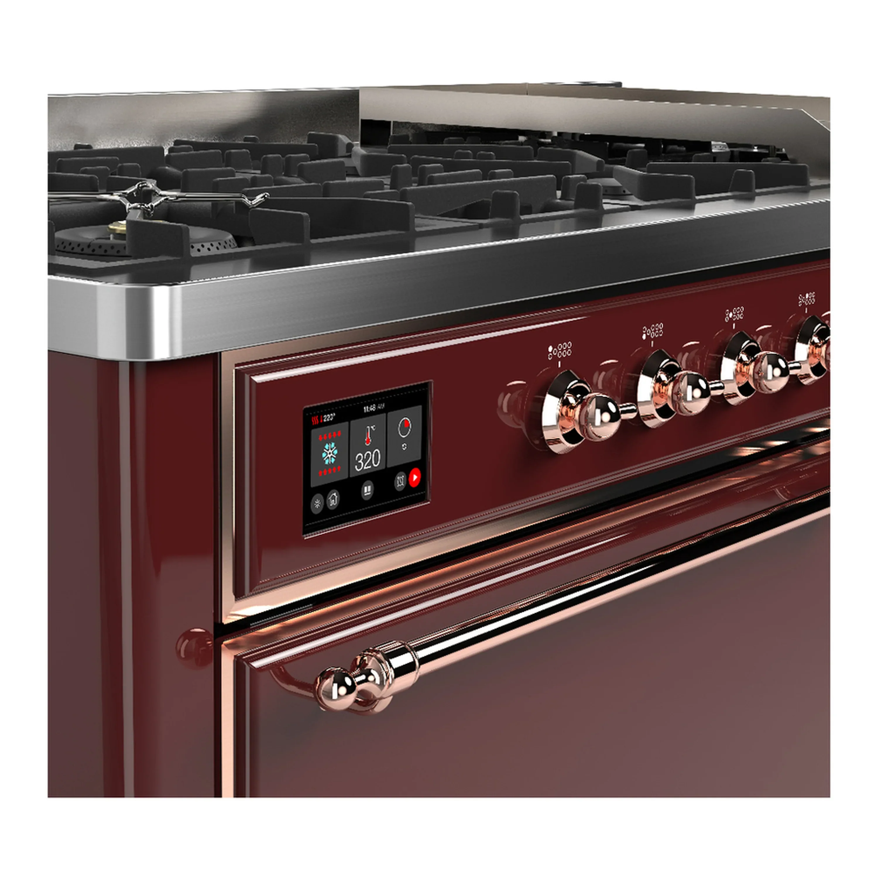 ILVE Majestic III 60-inch Dual Fuel Range with 5 Liquid Propane Burner, Griddle and Solid Door Electric Oven in Burgundy with Copper Trim (UM60FQNR3BUPLP) - Image 7