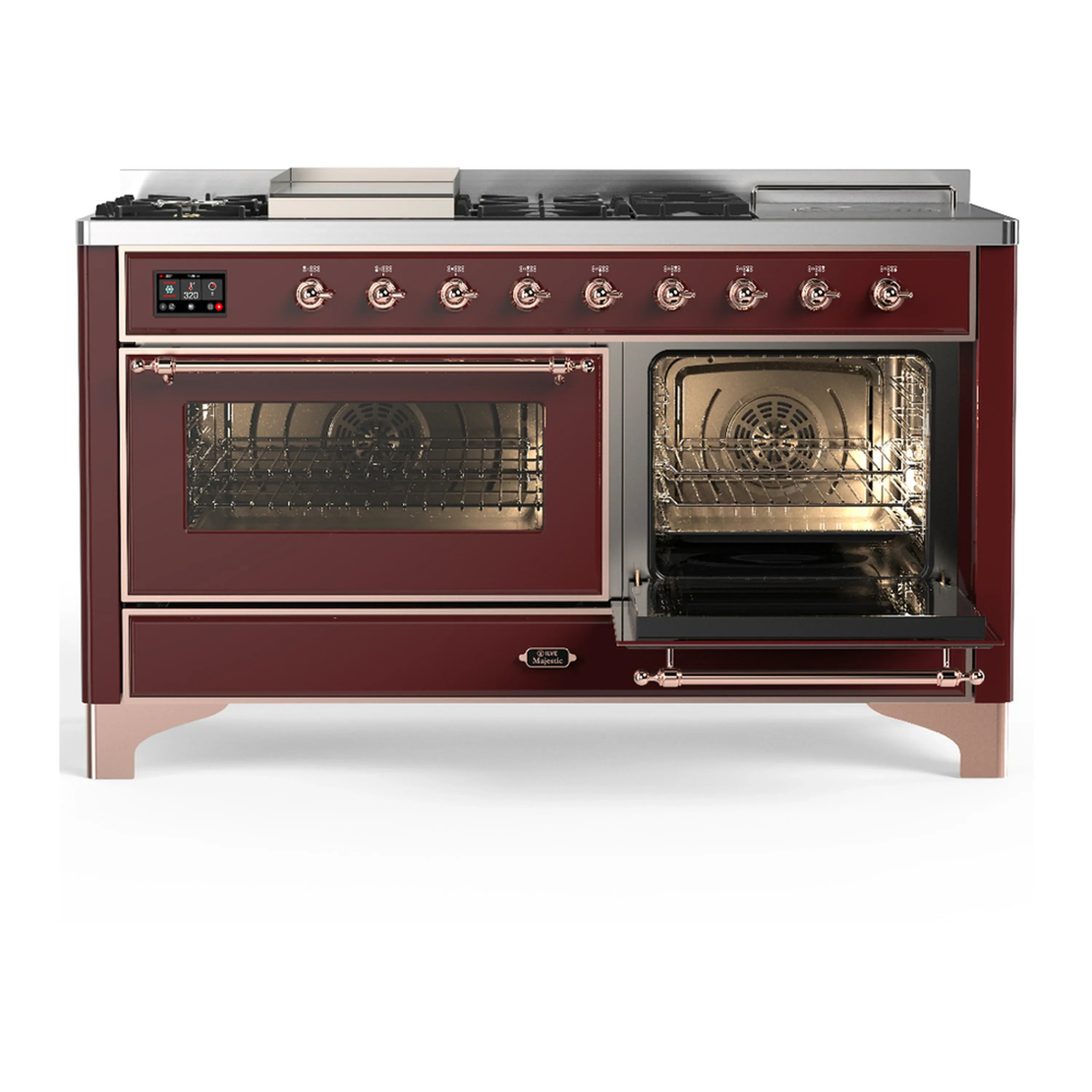 ILVE Majestic III 60-inch Dual Fuel Range with 7 Natural Gas Burner, Griddle, French Top and Triple Glass Door Electric Oven in Burgundy with Copper Trim (UM60FSNR3BUP) - Image 4