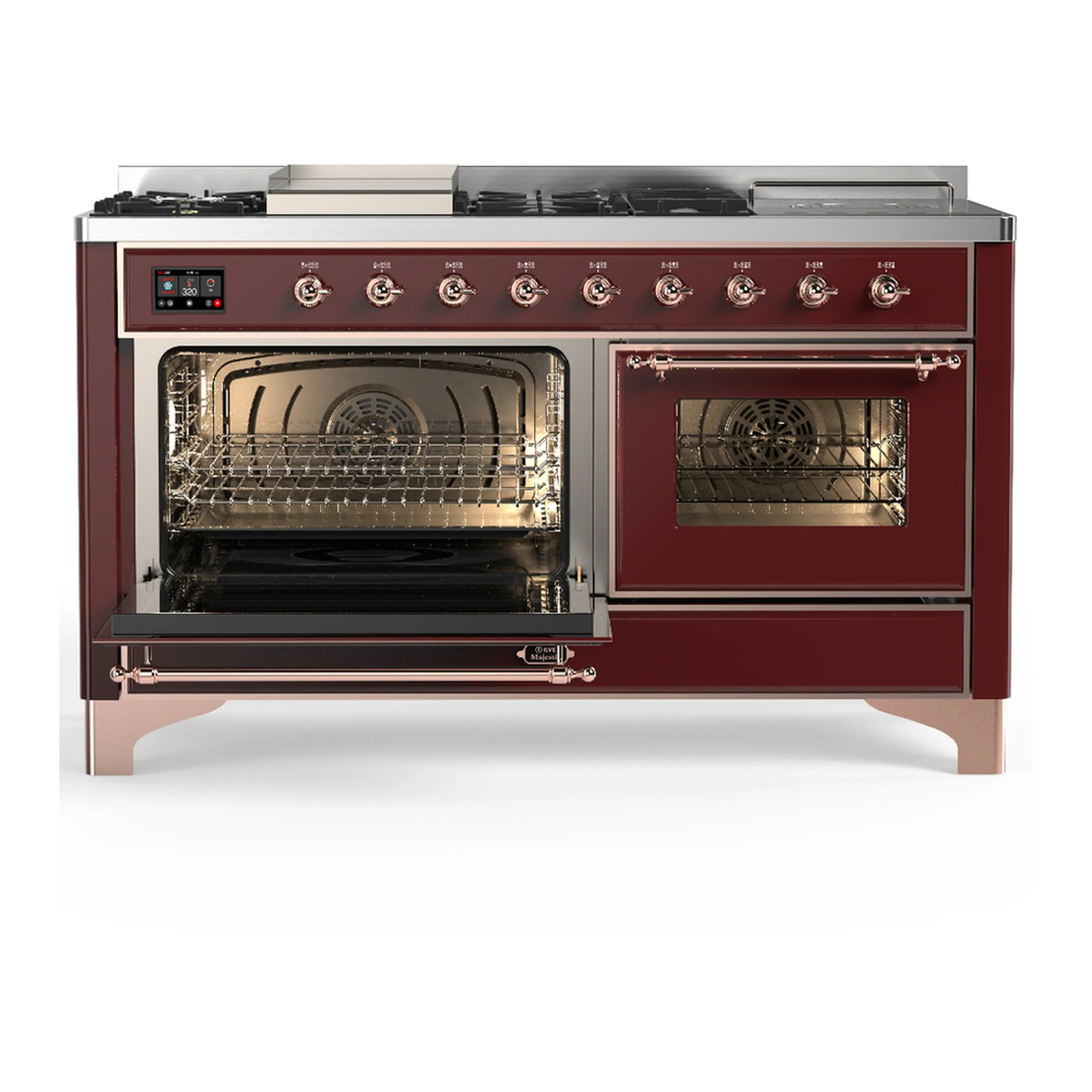 ILVE Majestic III 60-inch Dual Fuel Range with 7 Natural Gas Burner, Griddle, French Top and Triple Glass Door Electric Oven in Burgundy with Copper Trim (UM60FSNR3BUP) - Image 5