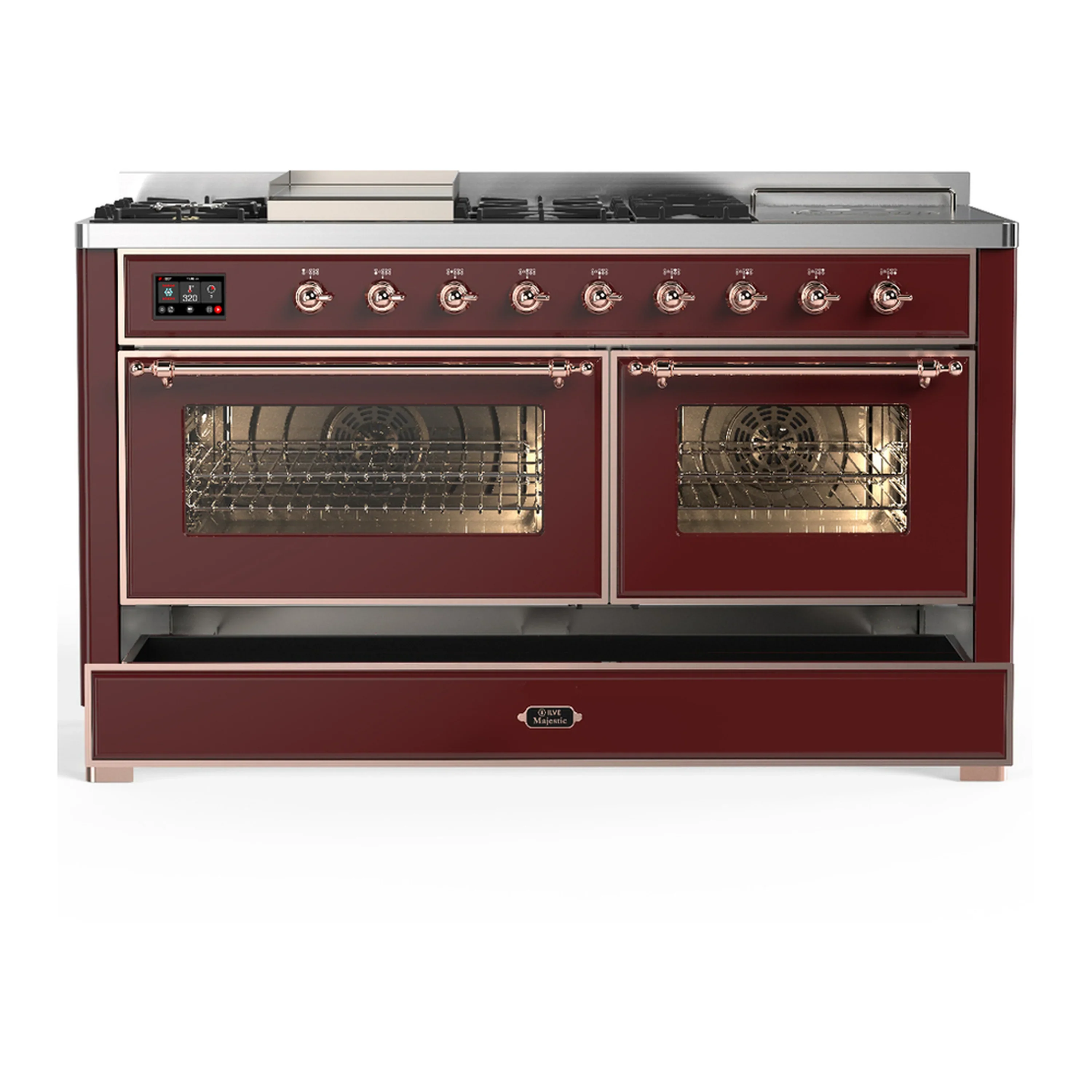 ILVE Majestic III 60-inch Dual Fuel Range with 5 Liquid Propane Burner, Griddle, French Top and Triple Glass Door Electric Oven in Burgundy with Copper Trim (UM60FSNR3BUPLP) - Image 3