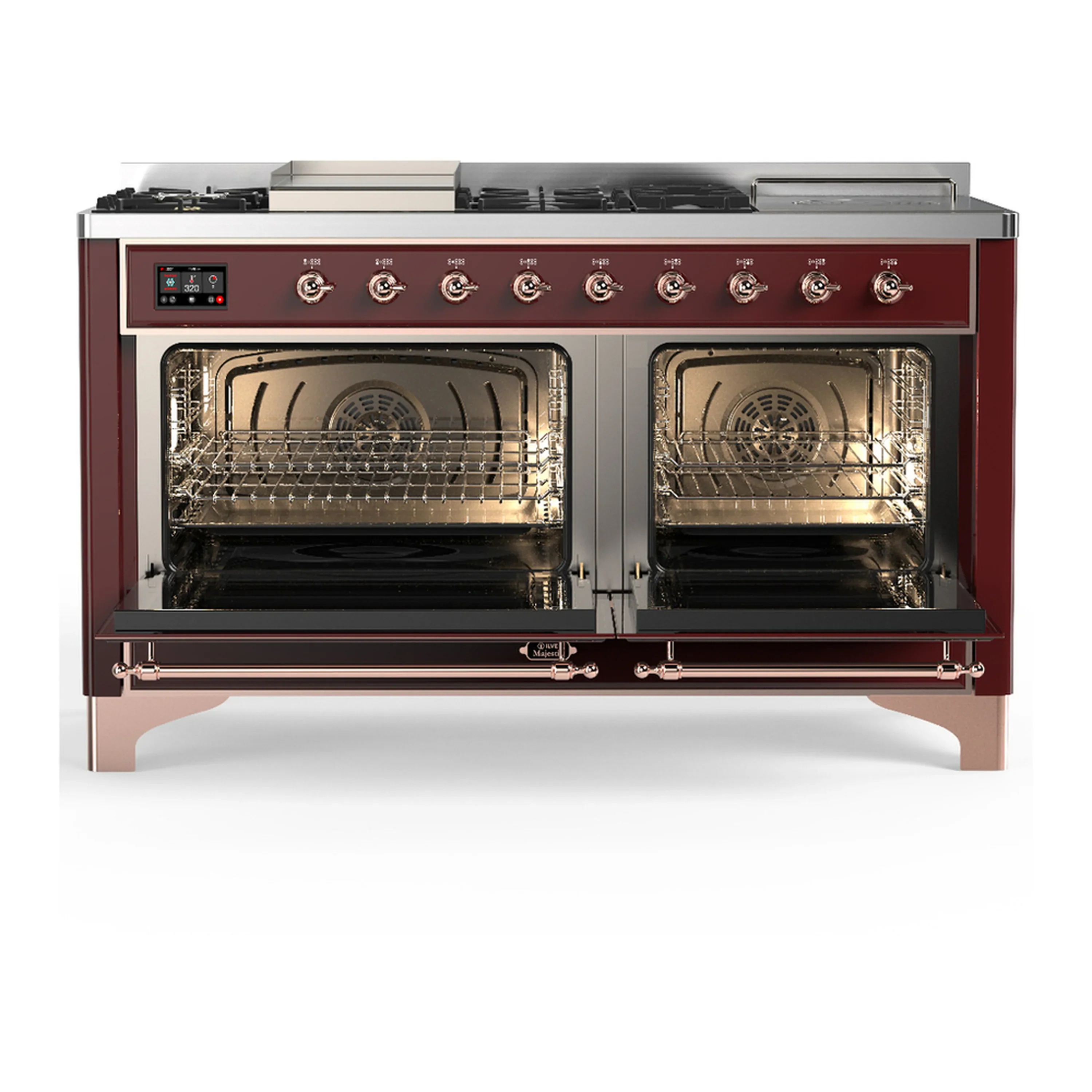 ILVE Majestic III 60-inch Dual Fuel Range with 5 Liquid Propane Burner, Griddle, French Top and Triple Glass Door Electric Oven in Burgundy with Copper Trim (UM60FSNR3BUPLP) - Image 6