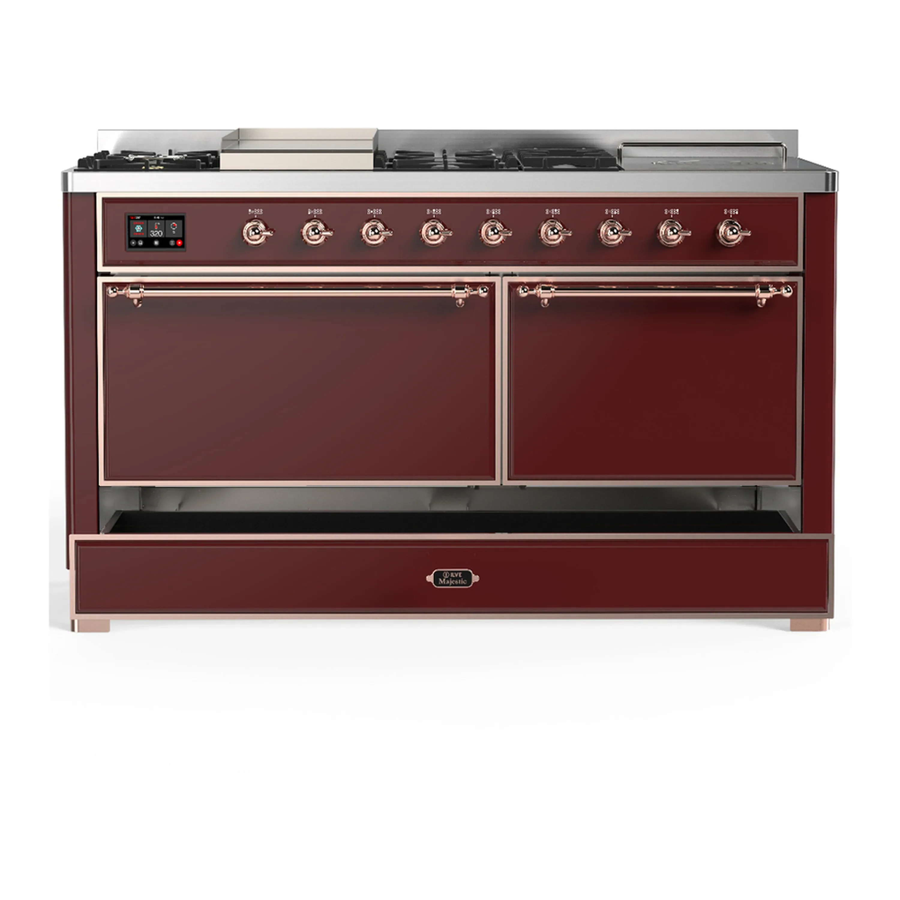 ILVE Majestic III 60-inch Dual Fuel Range with 7 Natural Gas Burner, Griddle, French Top and Solid Door Electric Oven in Burgundy with Copper Trim (UM60FSQNR3BUP) - Image 3