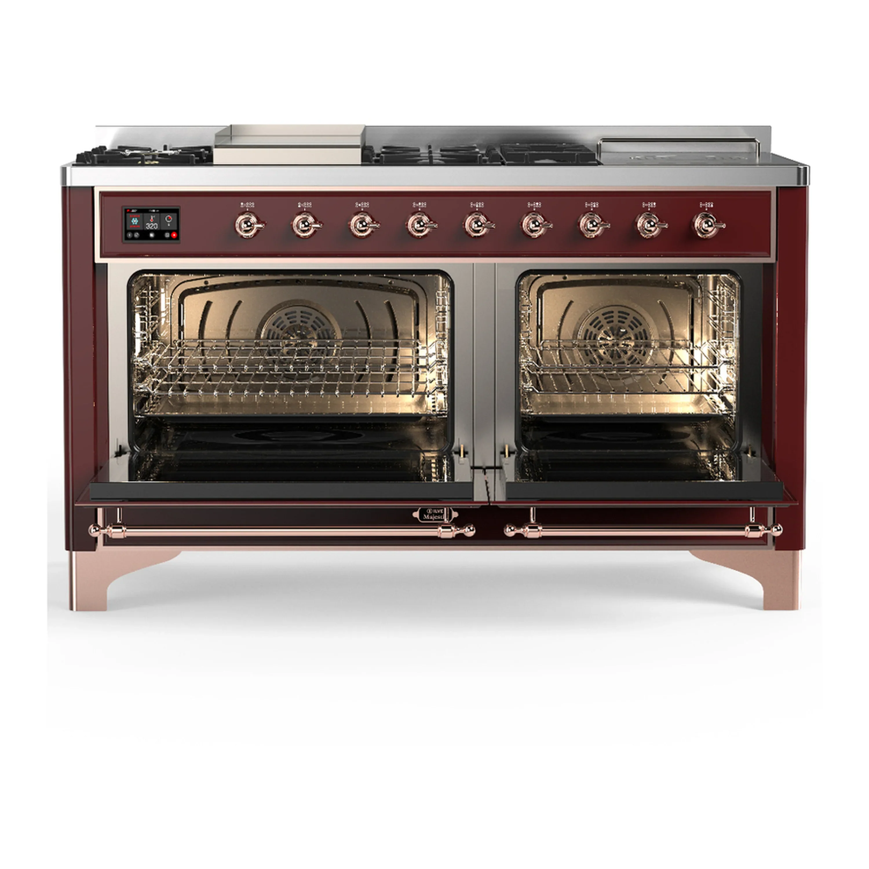 ILVE Majestic III 60-inch Dual Fuel Range with 7 Natural Gas Burner, Griddle, French Top and Solid Door Electric Oven in Burgundy with Copper Trim (UM60FSQNR3BUP) - Image 6