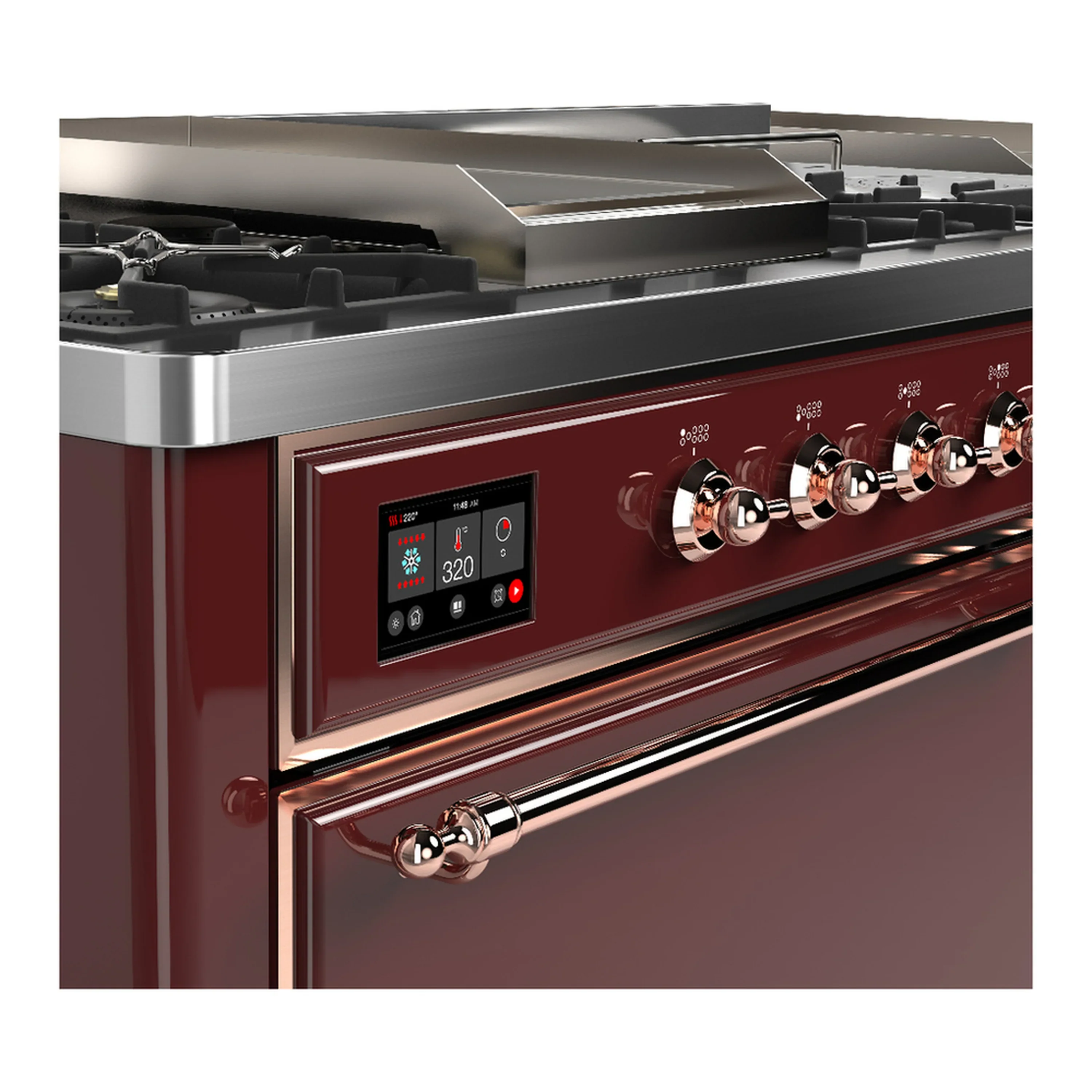 ILVE Majestic III 60-inch Dual Fuel Range with 7 Natural Gas Burner, Griddle, French Top and Solid Door Electric Oven in Burgundy with Copper Trim (UM60FSQNR3BUP) - Image 7