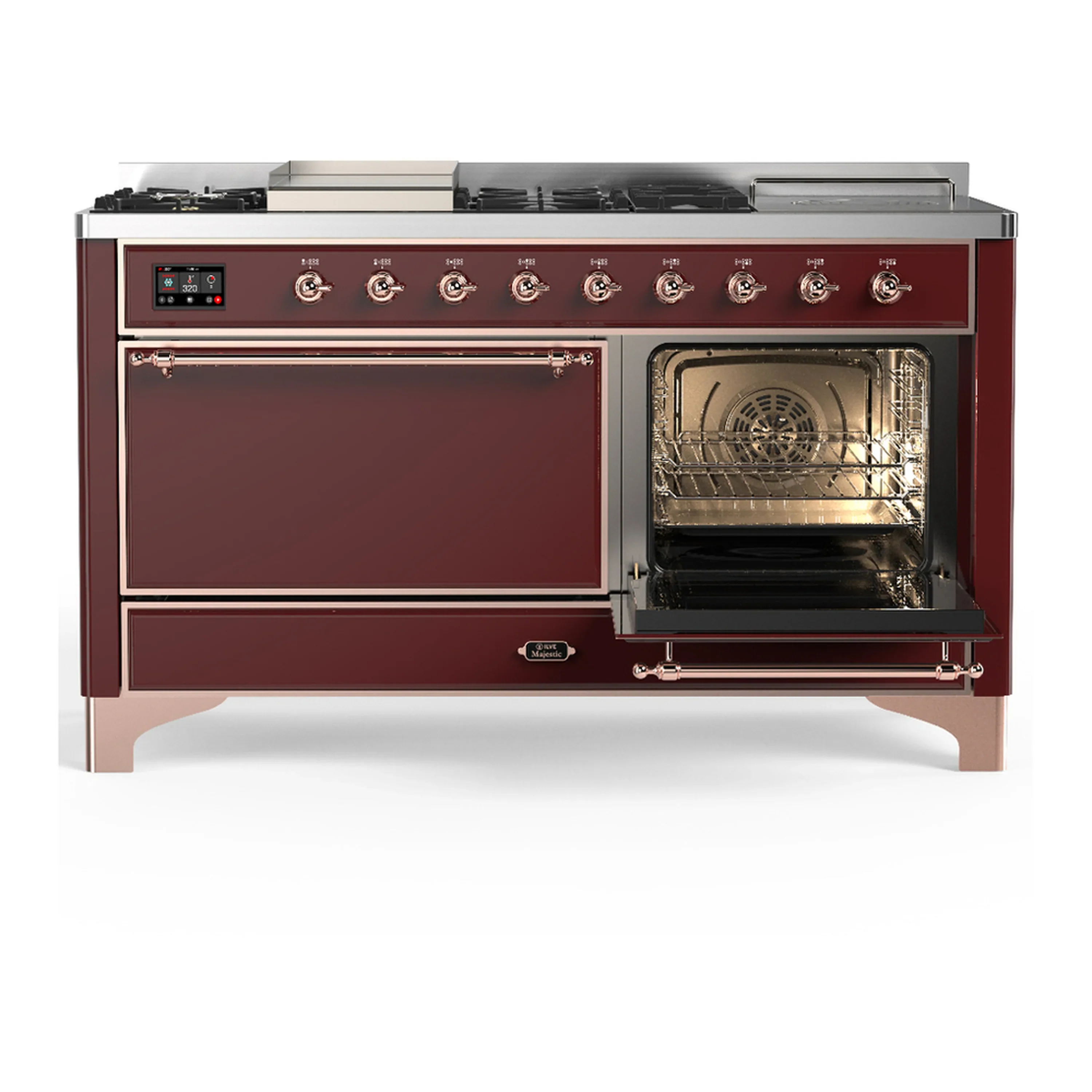 ILVE Majestic III 60-inch Dual Fuel Range with 5 Liquid Propane Burner, Griddle, French Top and Solid Door Electric Oven in Burgundy with Copper Trim (UM60FSQNR3BUPLP) - Image 4