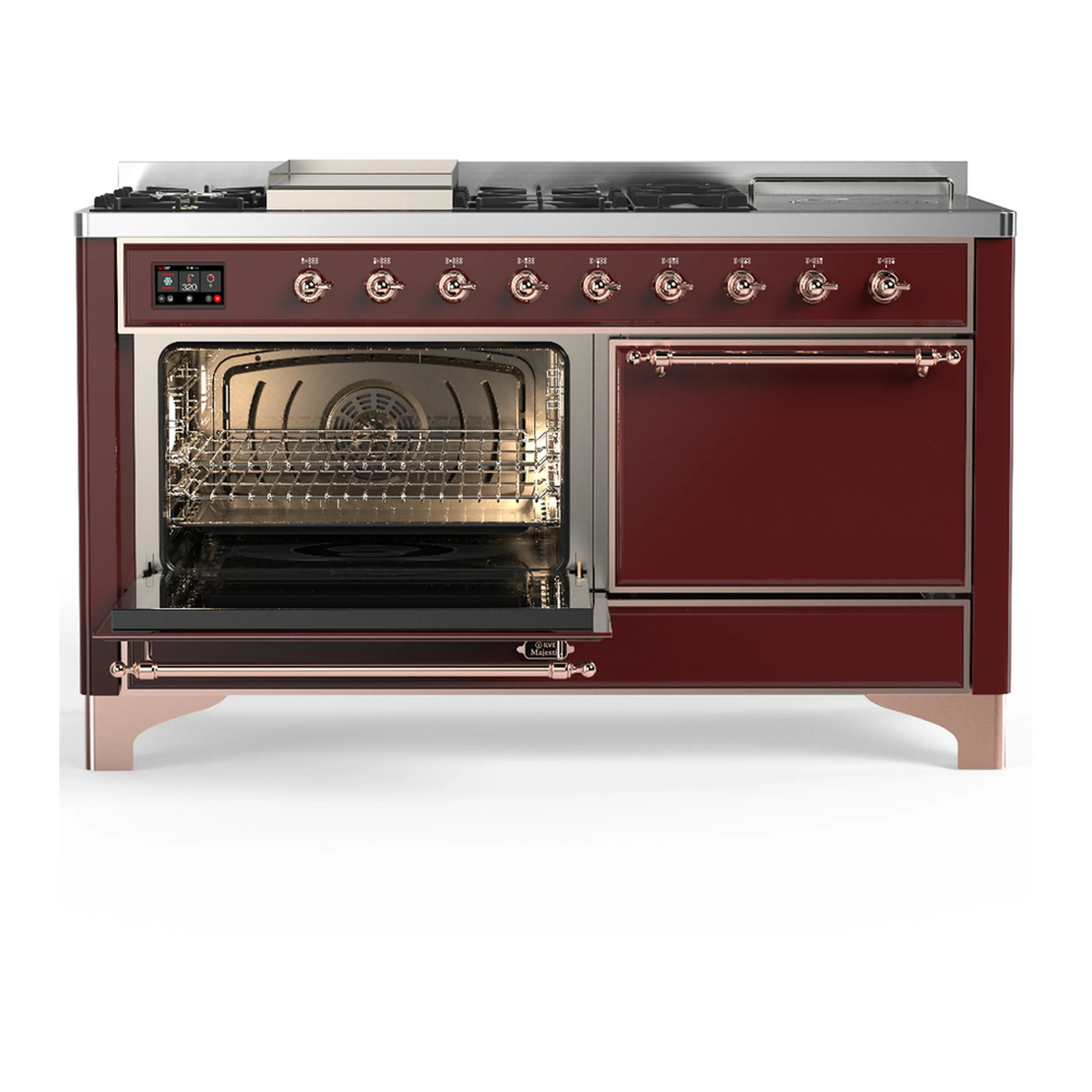 ILVE Majestic III 60-inch Dual Fuel Range with 5 Liquid Propane Burner, Griddle, French Top and Solid Door Electric Oven in Burgundy with Copper Trim (UM60FSQNR3BUPLP) - Image 5