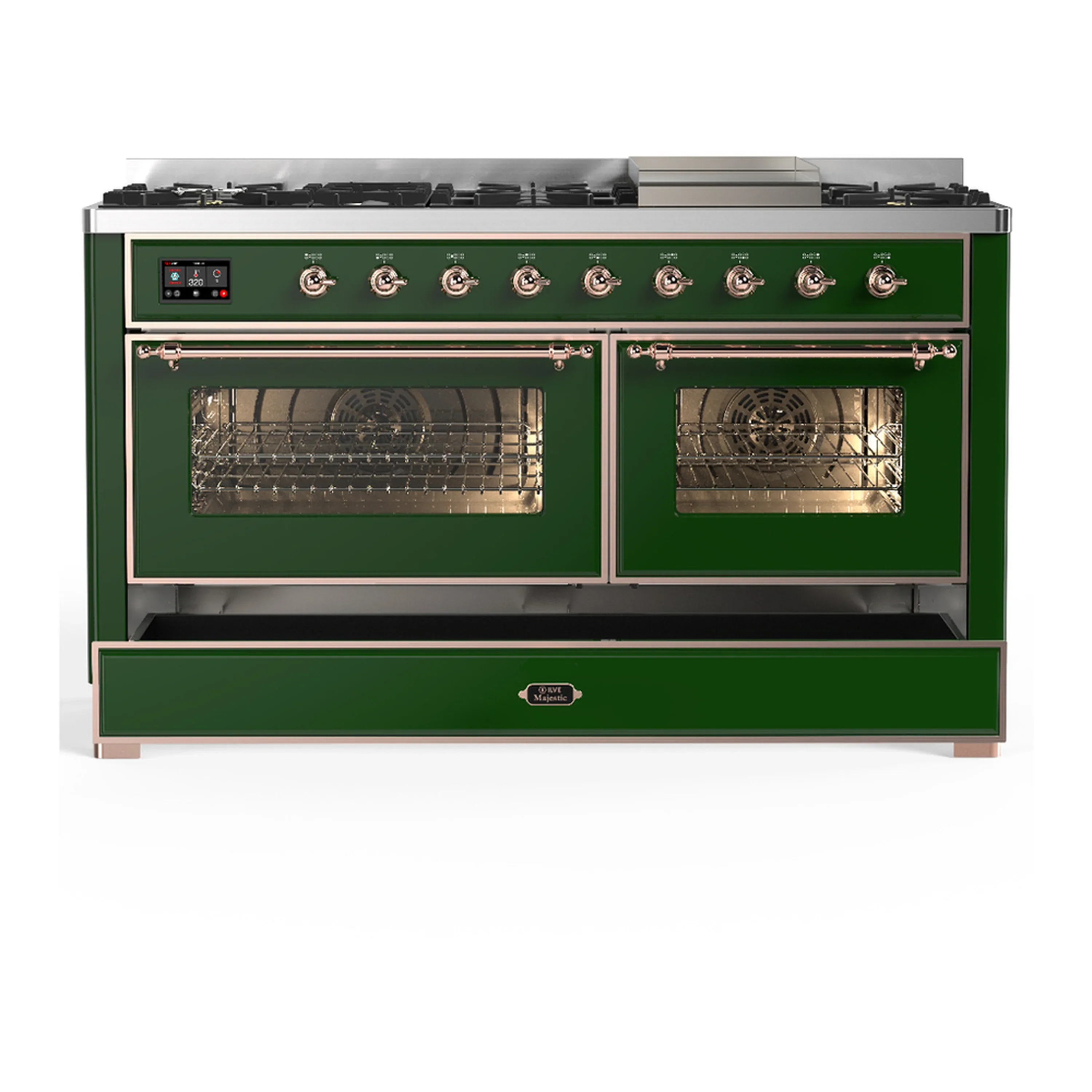 ILVE Majestic III 60-inch Dual Fuel Range with 7 Natural Gas Burner, Griddle and Triple Glass Door Electric Oven in Emerald Green with Copper Trim (UM60FNR3EGP) - Image 3