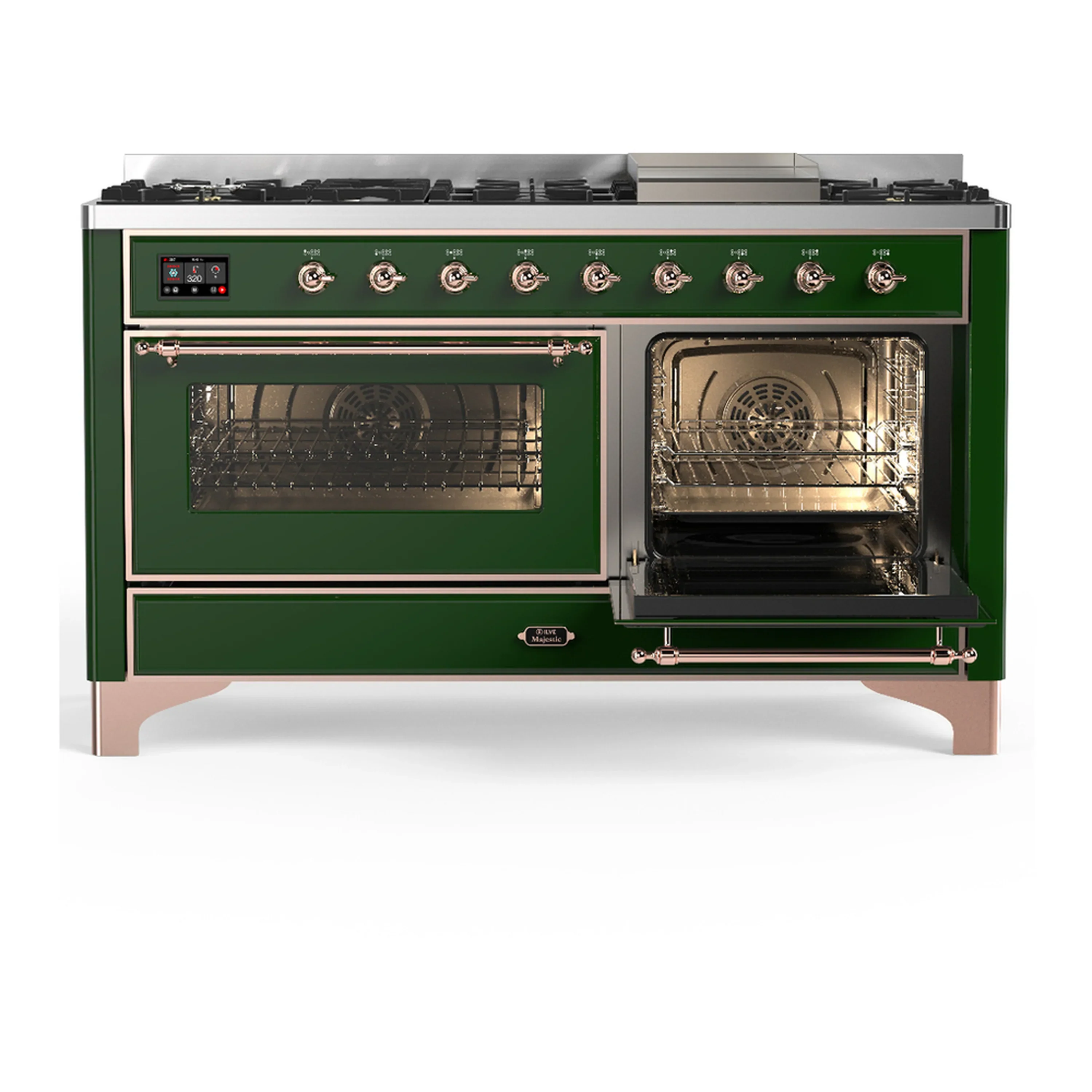 ILVE Majestic III 60-inch Dual Fuel Range with 7 Natural Gas Burner, Griddle and Triple Glass Door Electric Oven in Emerald Green with Copper Trim (UM60FNR3EGP) - Image 4