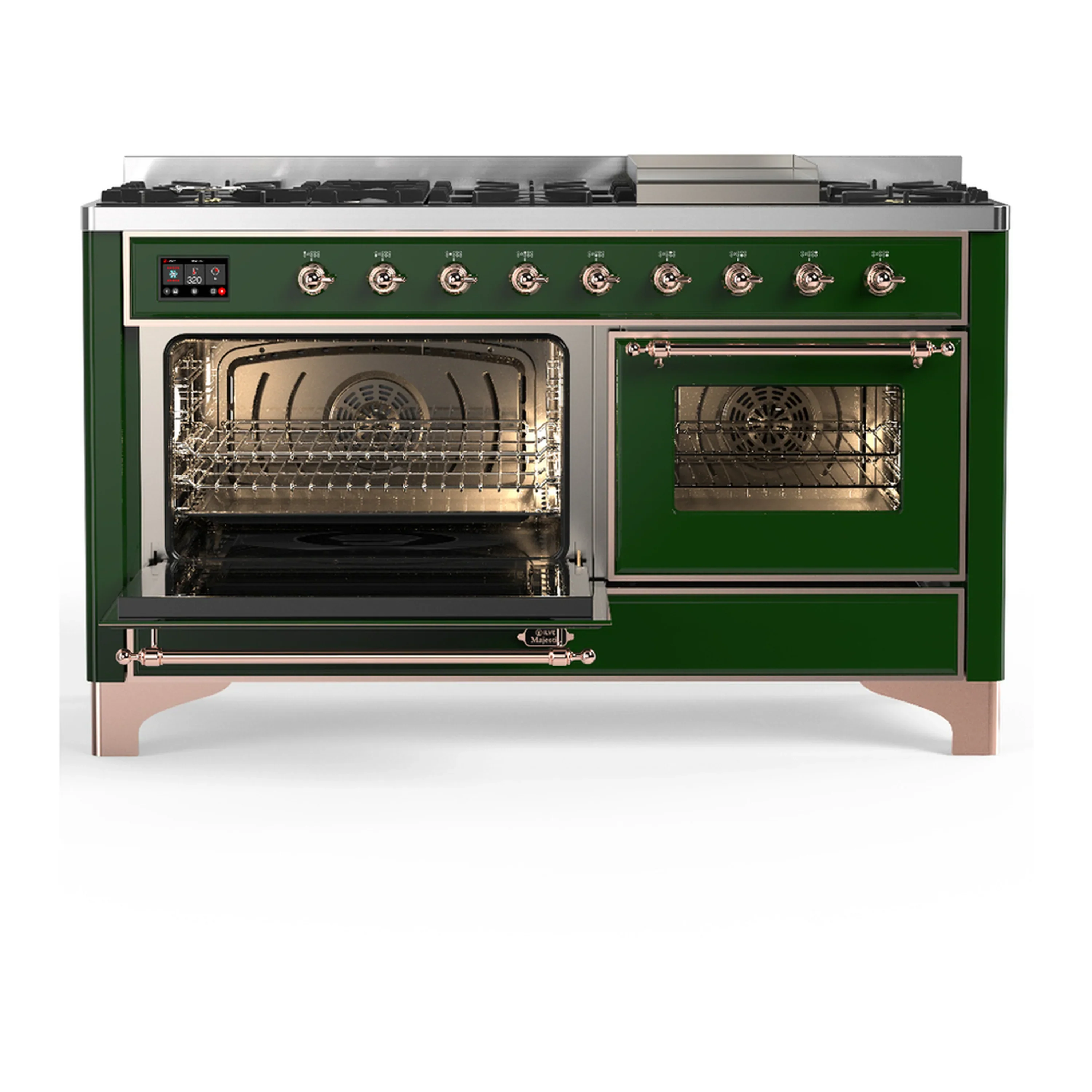 ILVE Majestic III 60-inch Dual Fuel Range with 7 Natural Gas Burner, Griddle and Triple Glass Door Electric Oven in Emerald Green with Copper Trim (UM60FNR3EGP) - Image 5