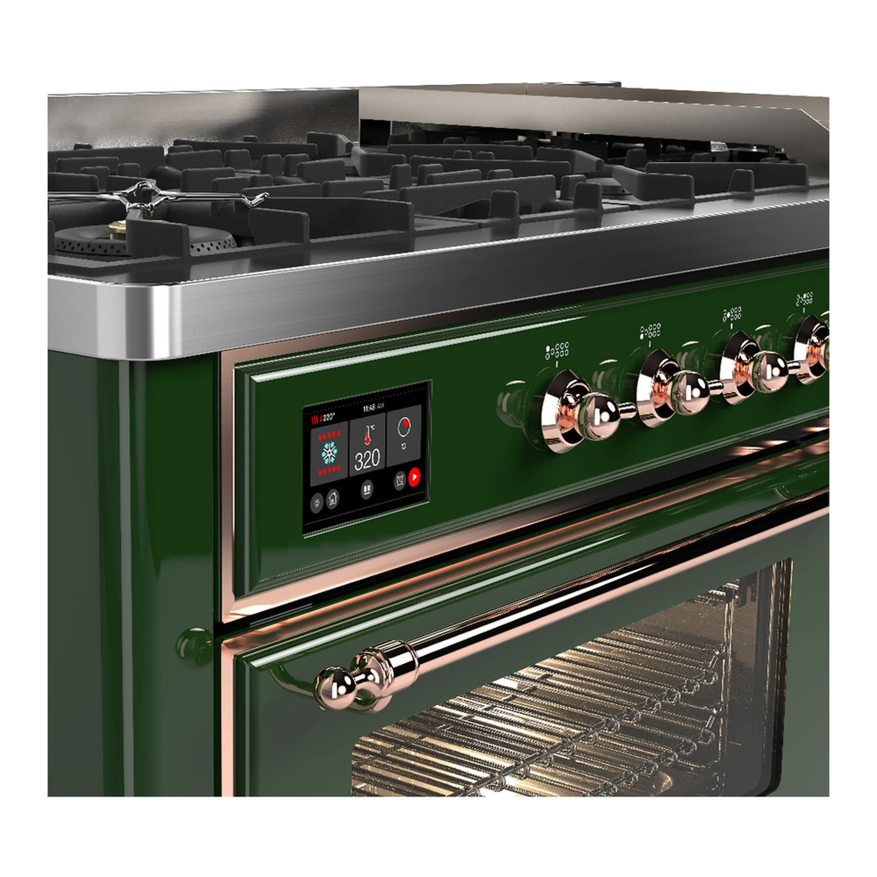 ILVE Majestic III 60-inch Dual Fuel Range with 5 Liquid Propane Burner, Griddle and Triple Glass Door Electric Oven in Emerald Green with Copper Trim (UM60FNR3EGPLP) - Image 7