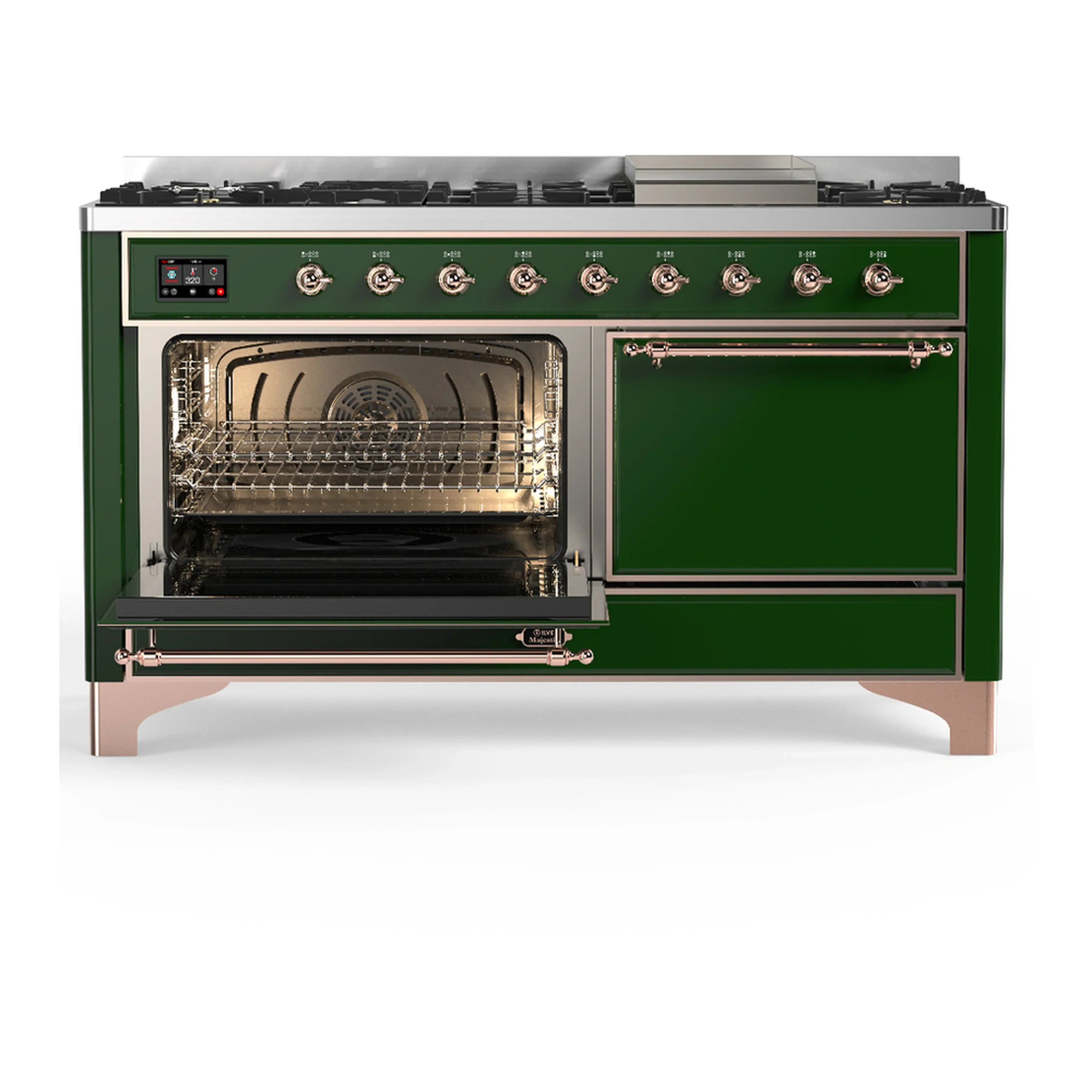 ILVE Majestic III 60-inch Dual Fuel Range with 7 Natural Gas Burner, Griddle and Solid Door Electric Oven in Emerald Green with Copper Trim (UM60FQNR3EGP) - Image 5