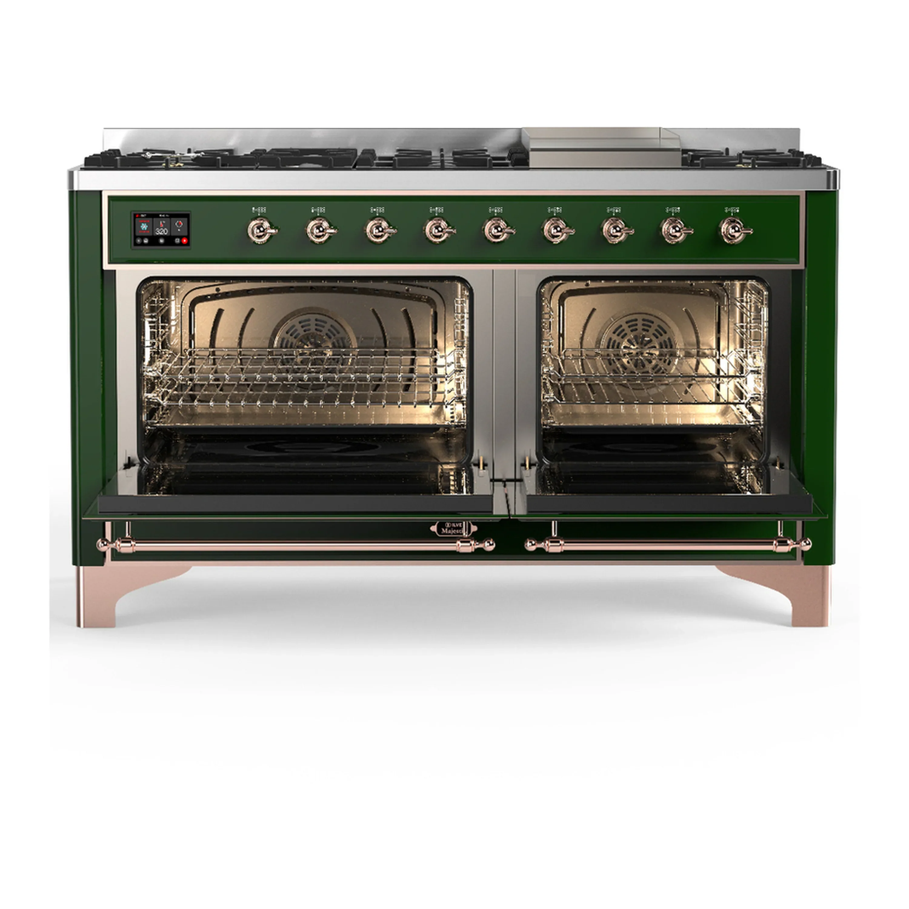 ILVE Majestic III 60-inch Dual Fuel Range with 7 Natural Gas Burner, Griddle and Solid Door Electric Oven in Emerald Green with Copper Trim (UM60FQNR3EGP) - Image 6