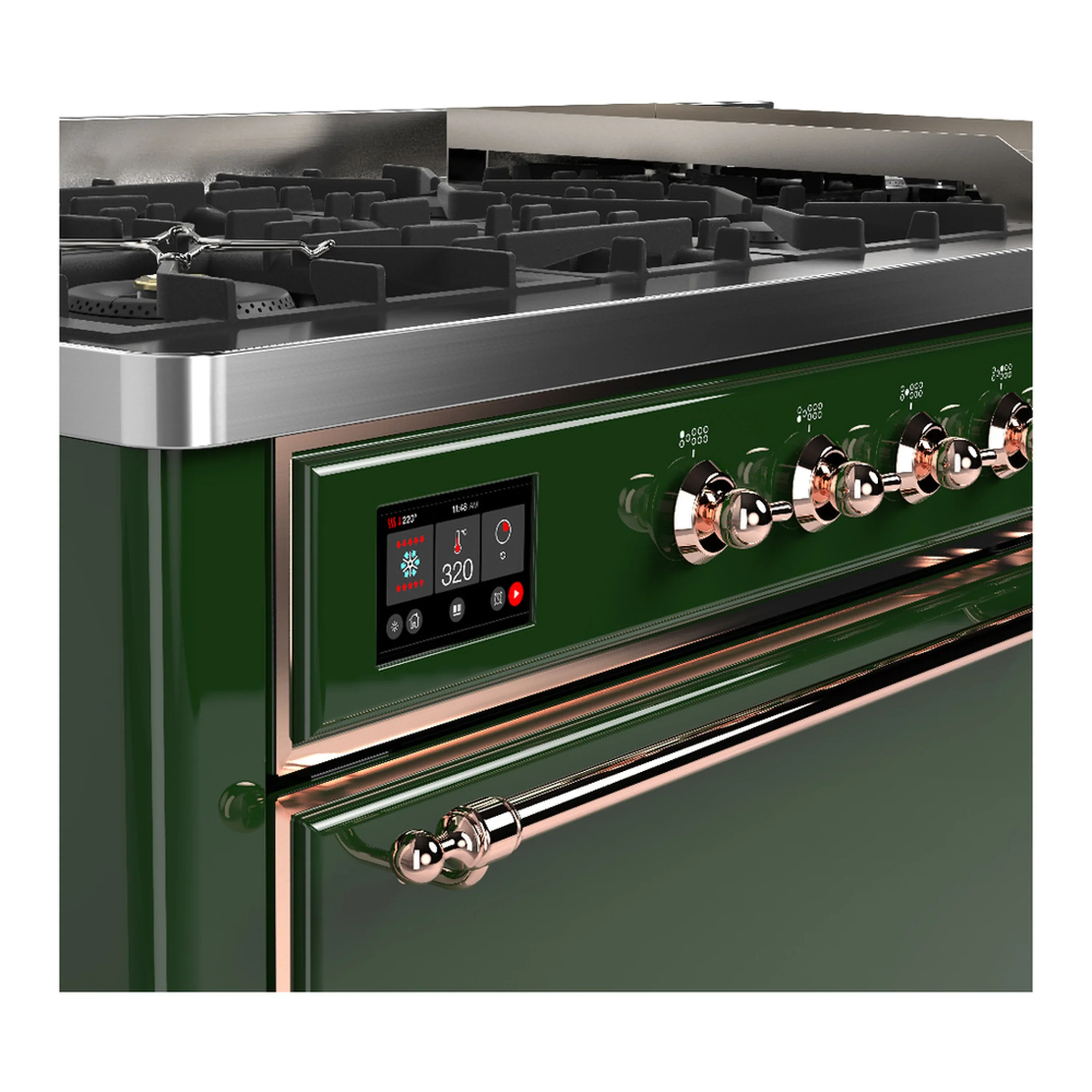 ILVE Majestic III 60-inch Dual Fuel Range with 7 Natural Gas Burner, Griddle and Solid Door Electric Oven in Emerald Green with Copper Trim (UM60FQNR3EGP) - Image 7