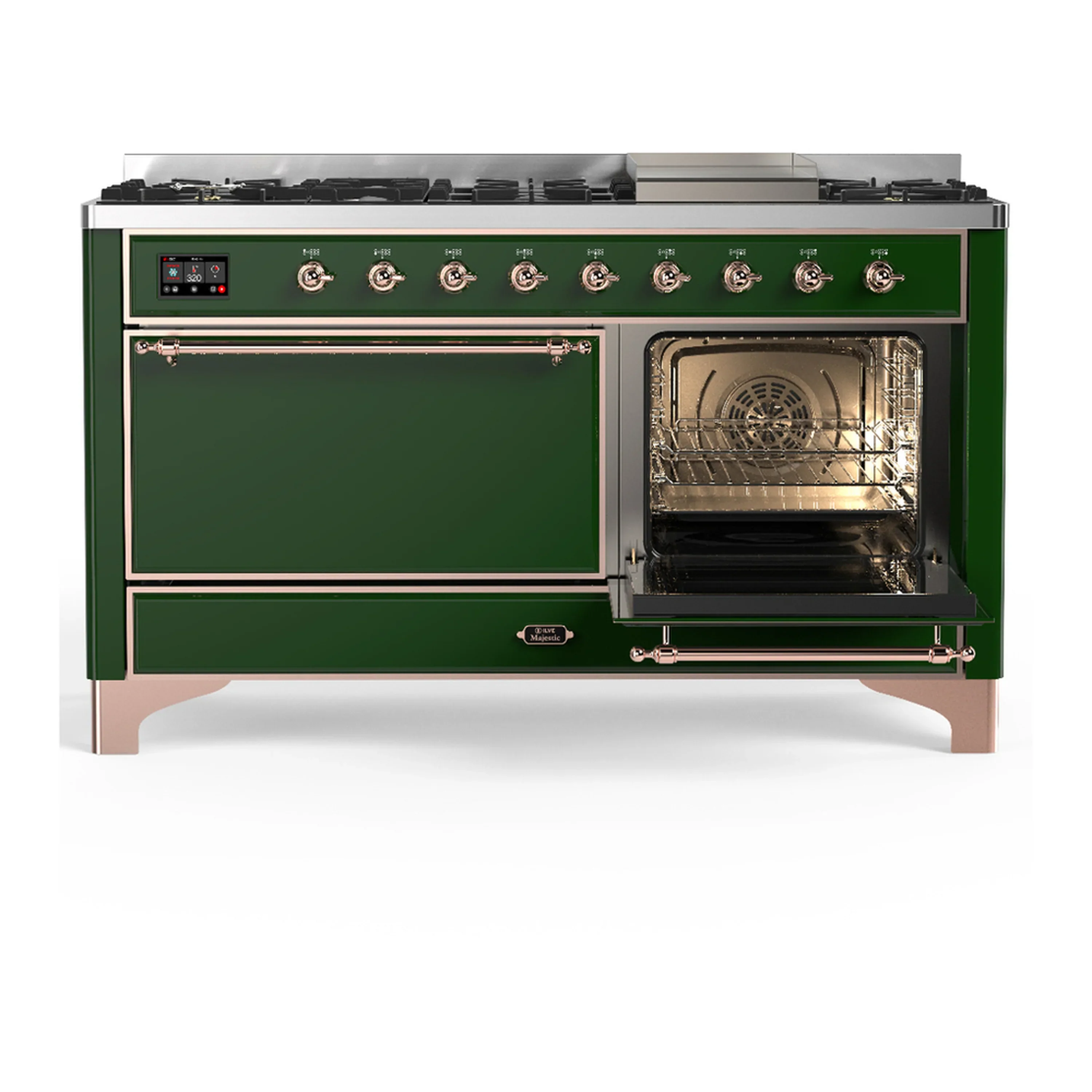 ILVE Majestic III 60-inch Dual Fuel Range with 5 Liquid Propane Burner, Griddle and Solid Door Electric Oven in Emerald Green with Copper Trim (UM60FQNR3EGPLP) - Image 4