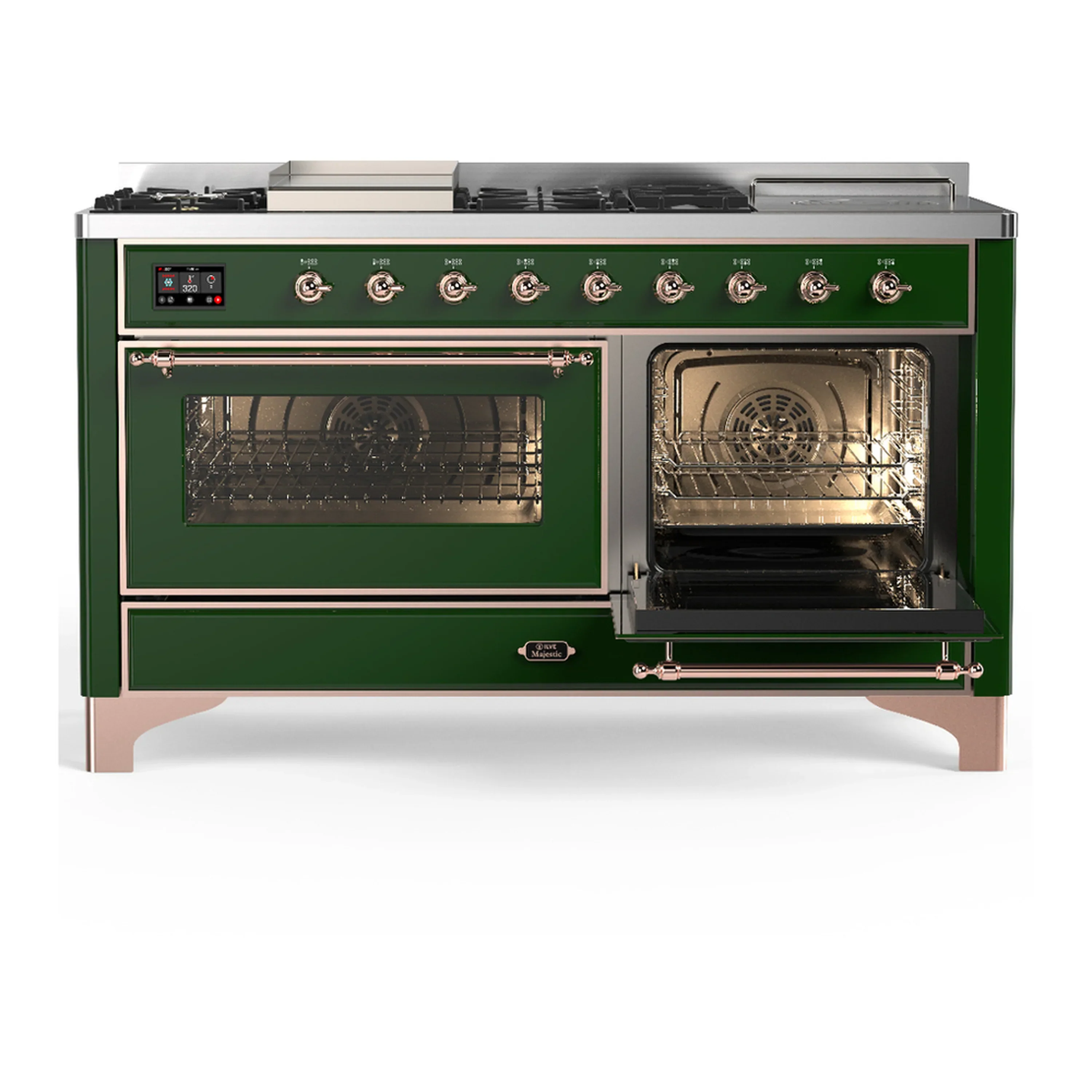 ILVE Majestic III 60-inch Dual Fuel Range with 7 Natural Gas Burner, Griddle, French Top and Triple Glass Door Electric Oven in Emerald Green with Copper Trim (UM60FSNR3EGP) - Image 4