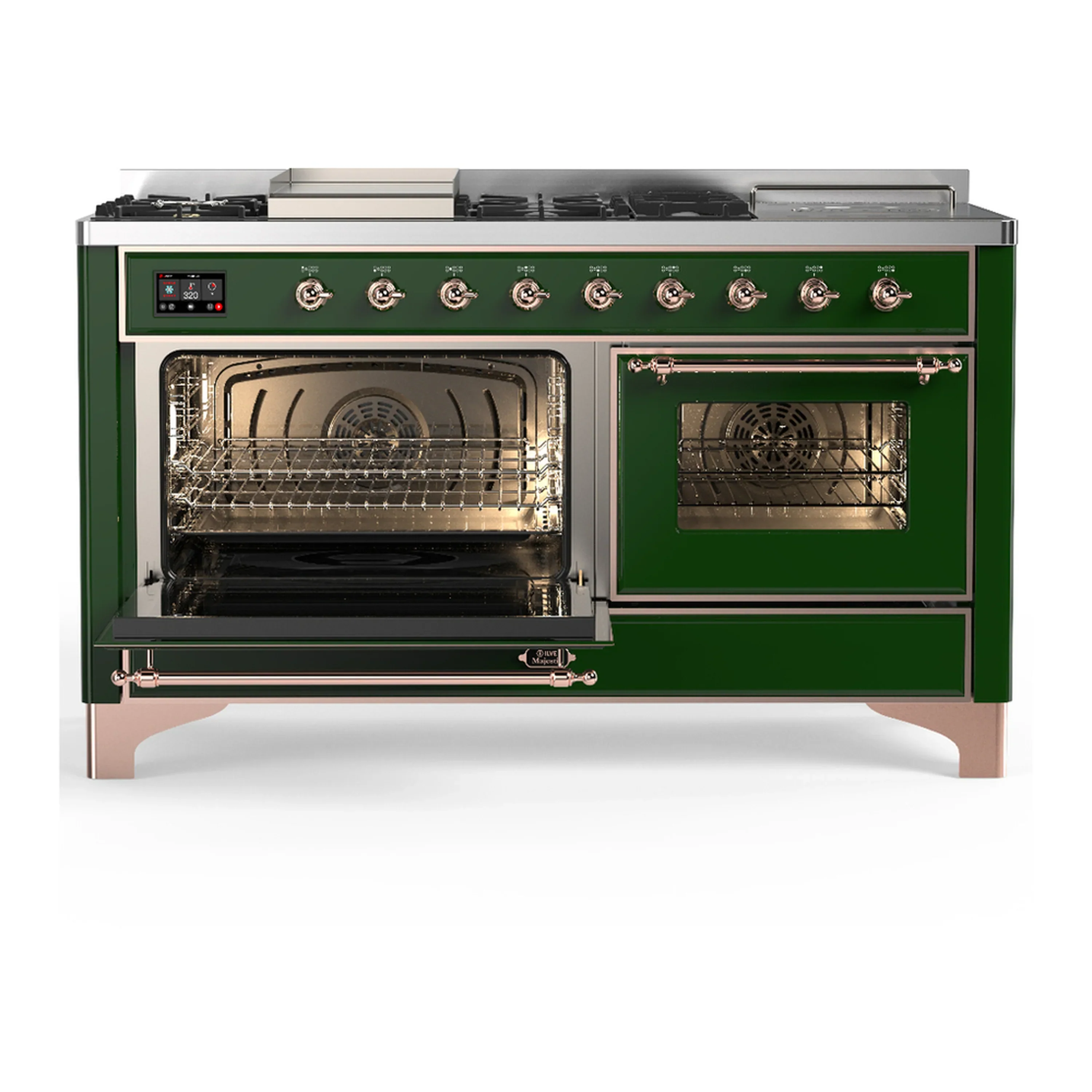 ILVE Majestic III 60-inch Dual Fuel Range with 7 Natural Gas Burner, Griddle, French Top and Triple Glass Door Electric Oven in Emerald Green with Copper Trim (UM60FSNR3EGP) - Image 5