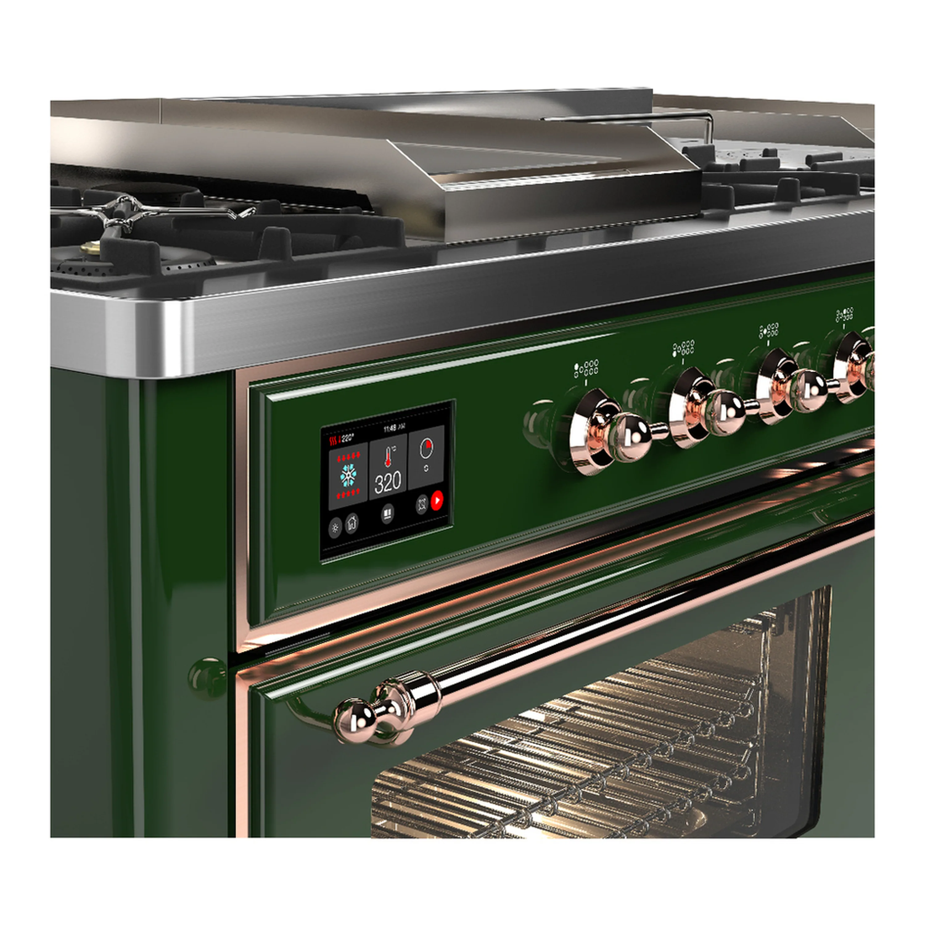 ILVE Majestic III 60-inch Dual Fuel Range with 7 Natural Gas Burner, Griddle, French Top and Triple Glass Door Electric Oven in Emerald Green with Copper Trim (UM60FSNR3EGP) - Image 7