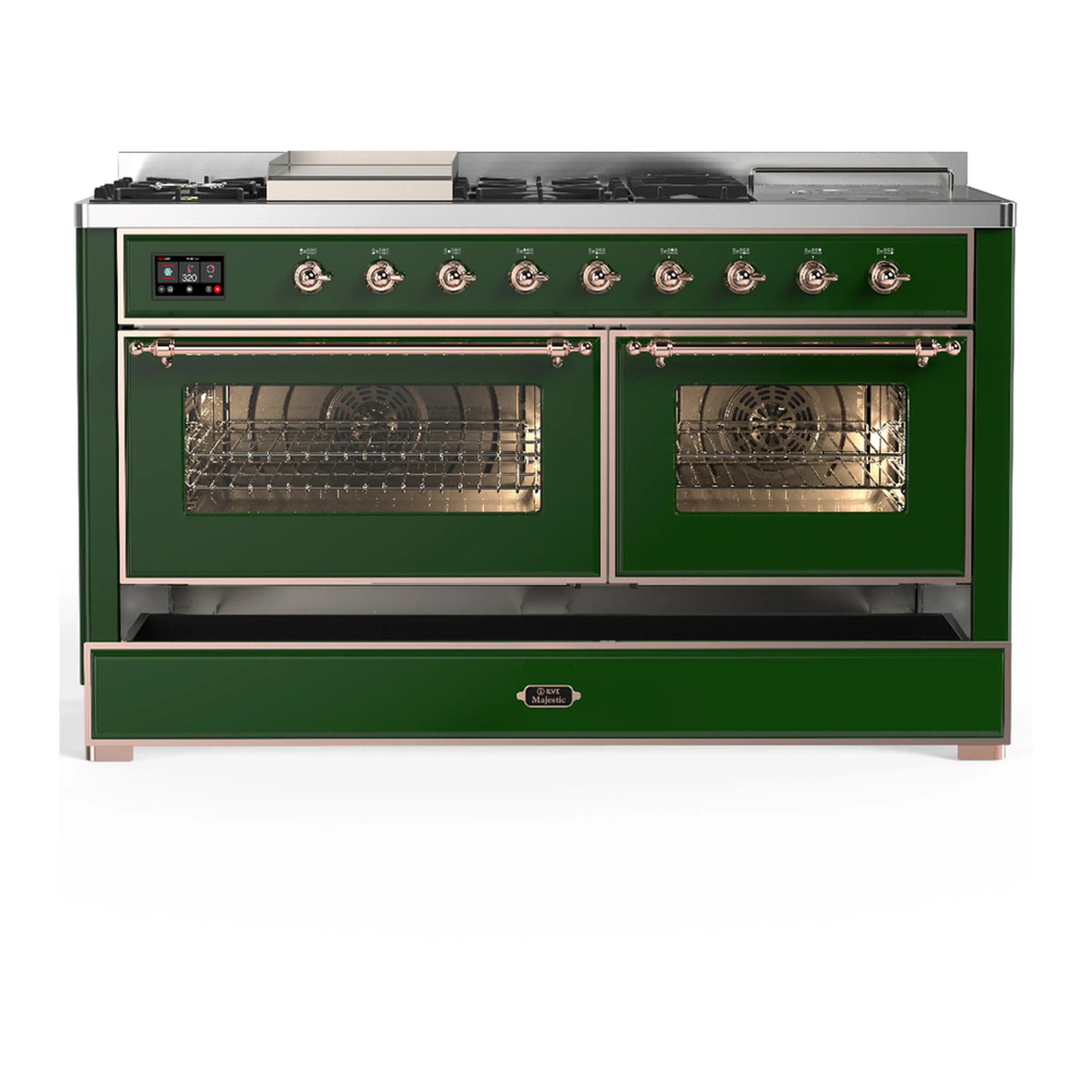 ILVE Majestic III 60-inch Dual Fuel Range with 5 Liquid Propane Burner, Griddle, French Top and Triple Glass Door Electric Oven in Emerald Green with Copper Trim (UM60FSNR3EGPLP) - Image 3