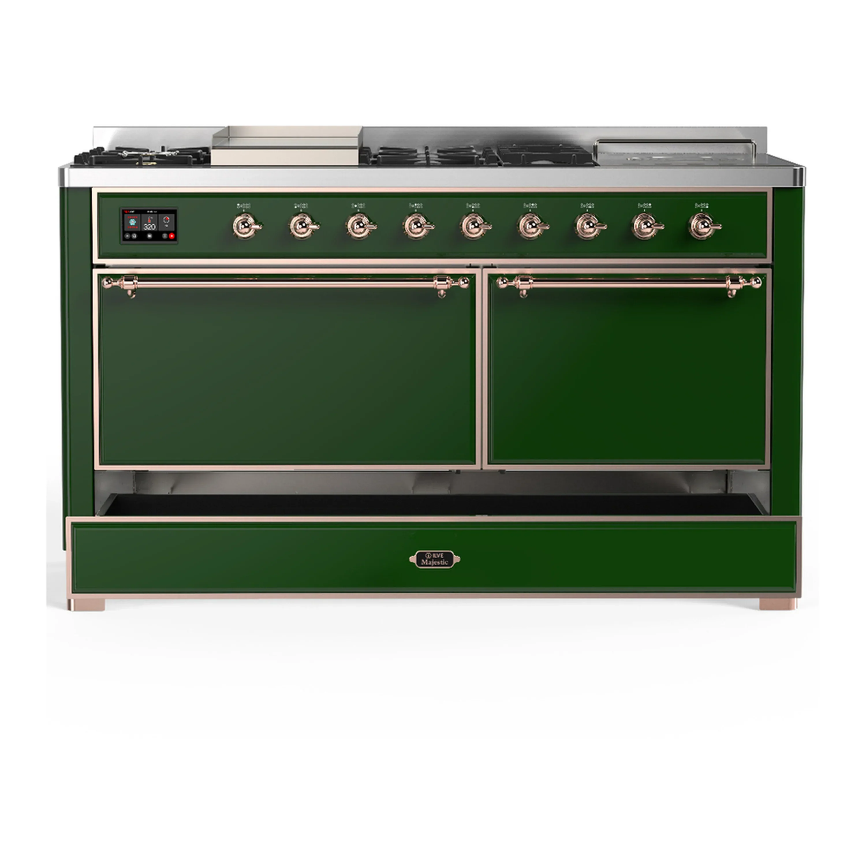 ILVE Majestic III 60-inch Dual Fuel Range with 7 Natural Gas Burner, Griddle, French Top and Solid Door Electric Oven in Emerald Green with Copper Trim (UM60FSQNR3EGP) - Image 3
