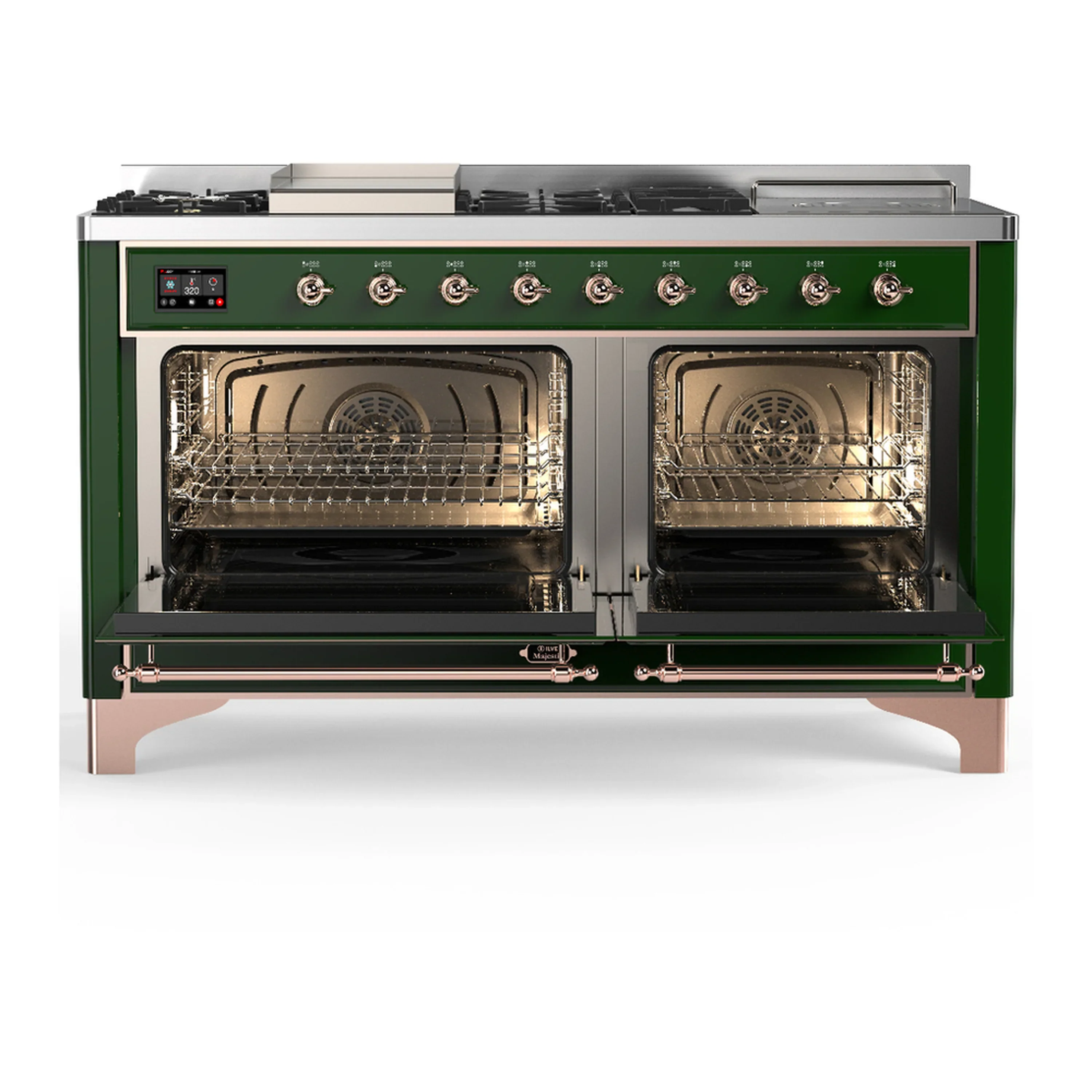 ILVE Majestic III 60-inch Dual Fuel Range with 7 Natural Gas Burner, Griddle, French Top and Solid Door Electric Oven in Emerald Green with Copper Trim (UM60FSQNR3EGP) - Image 6