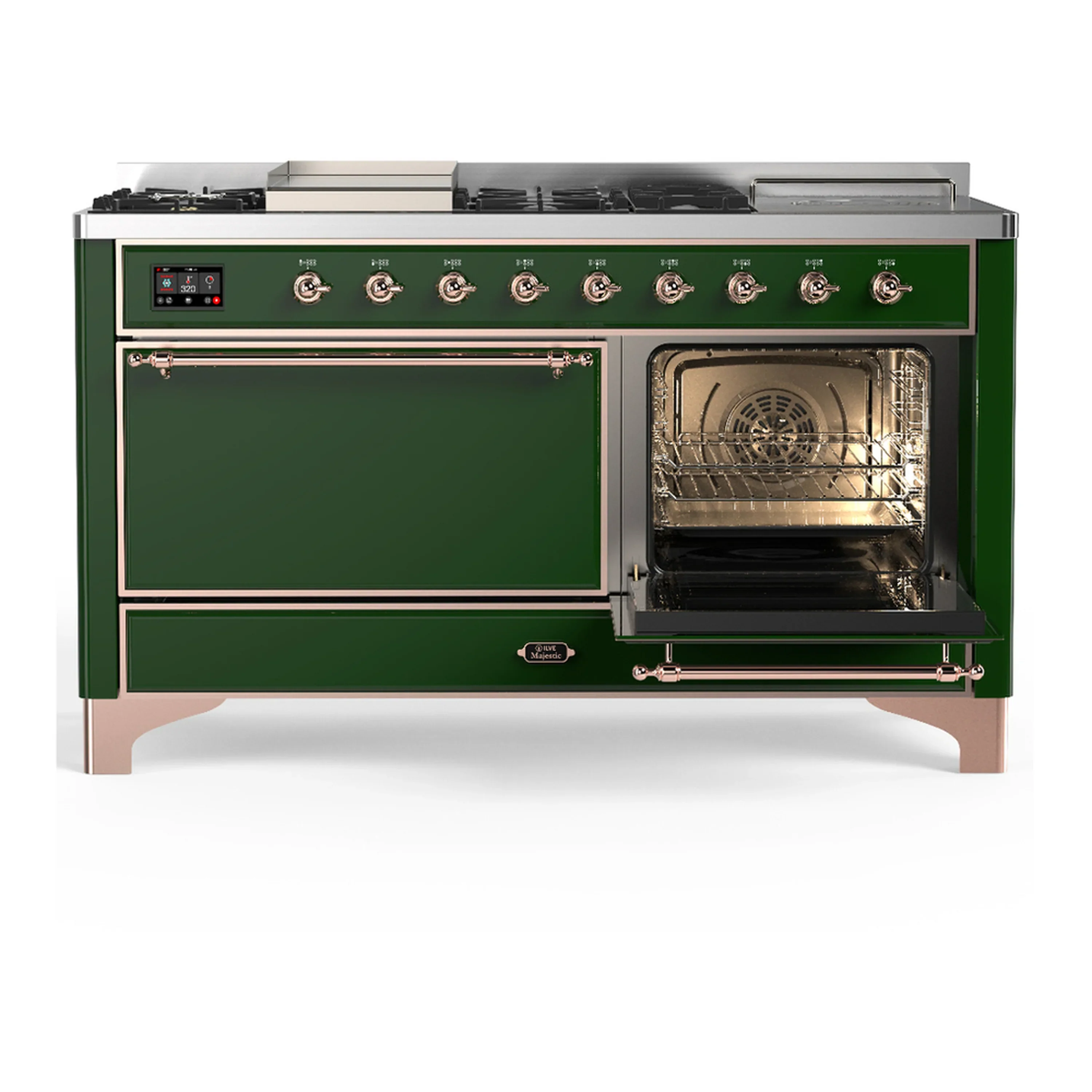 ILVE Majestic III 60-inch Dual Fuel Range with 5 Liquid Propane Burner, Griddle, French Top and Solid Door Electric Oven in Emerald Green with Copper Trim (UM60FSQNR3EGPLP) - Image 4
