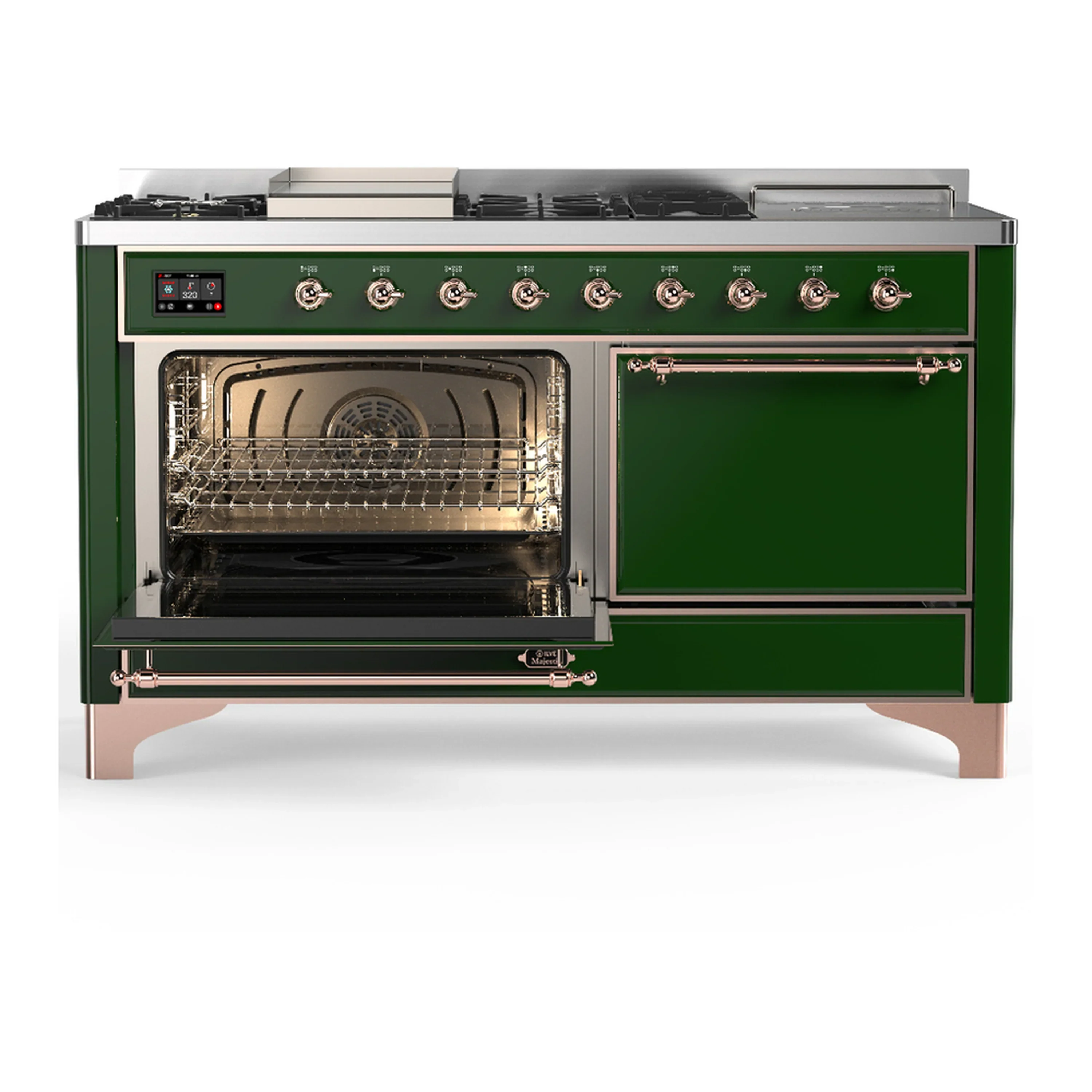 ILVE Majestic III 60-inch Dual Fuel Range with 5 Liquid Propane Burner, Griddle, French Top and Solid Door Electric Oven in Emerald Green with Copper Trim (UM60FSQNR3EGPLP) - Image 5