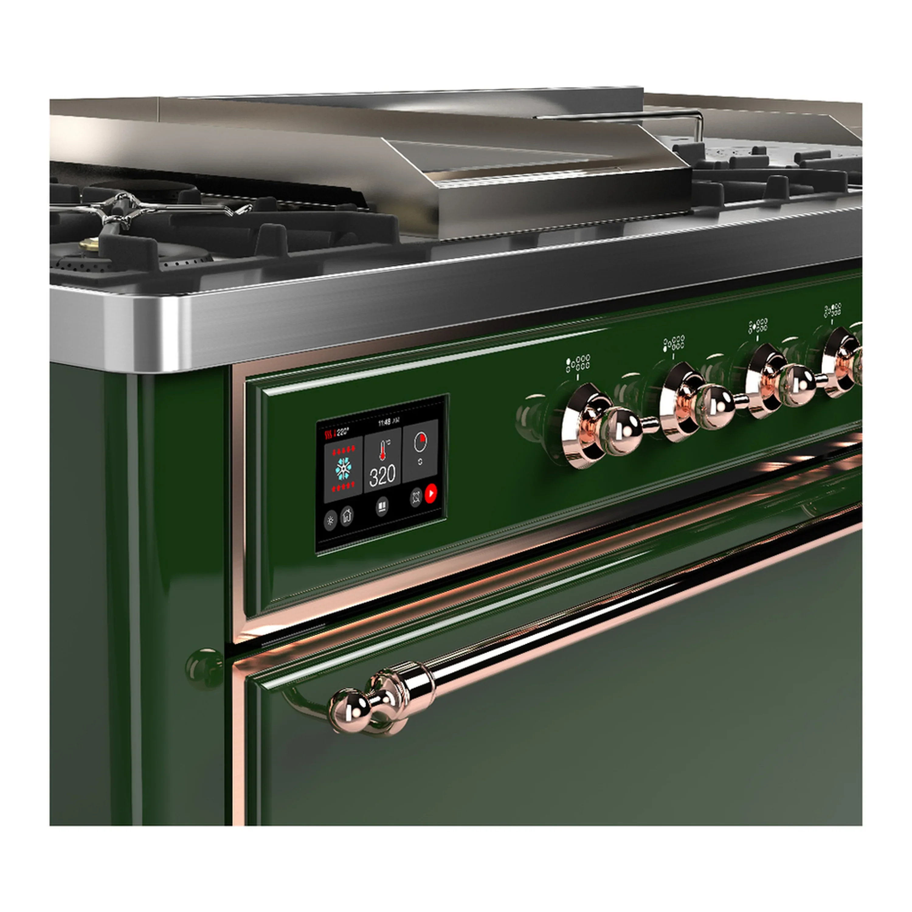 ILVE Majestic III 60-inch Dual Fuel Range with 5 Liquid Propane Burner, Griddle, French Top and Solid Door Electric Oven in Emerald Green with Copper Trim (UM60FSQNR3EGPLP) - Image 7