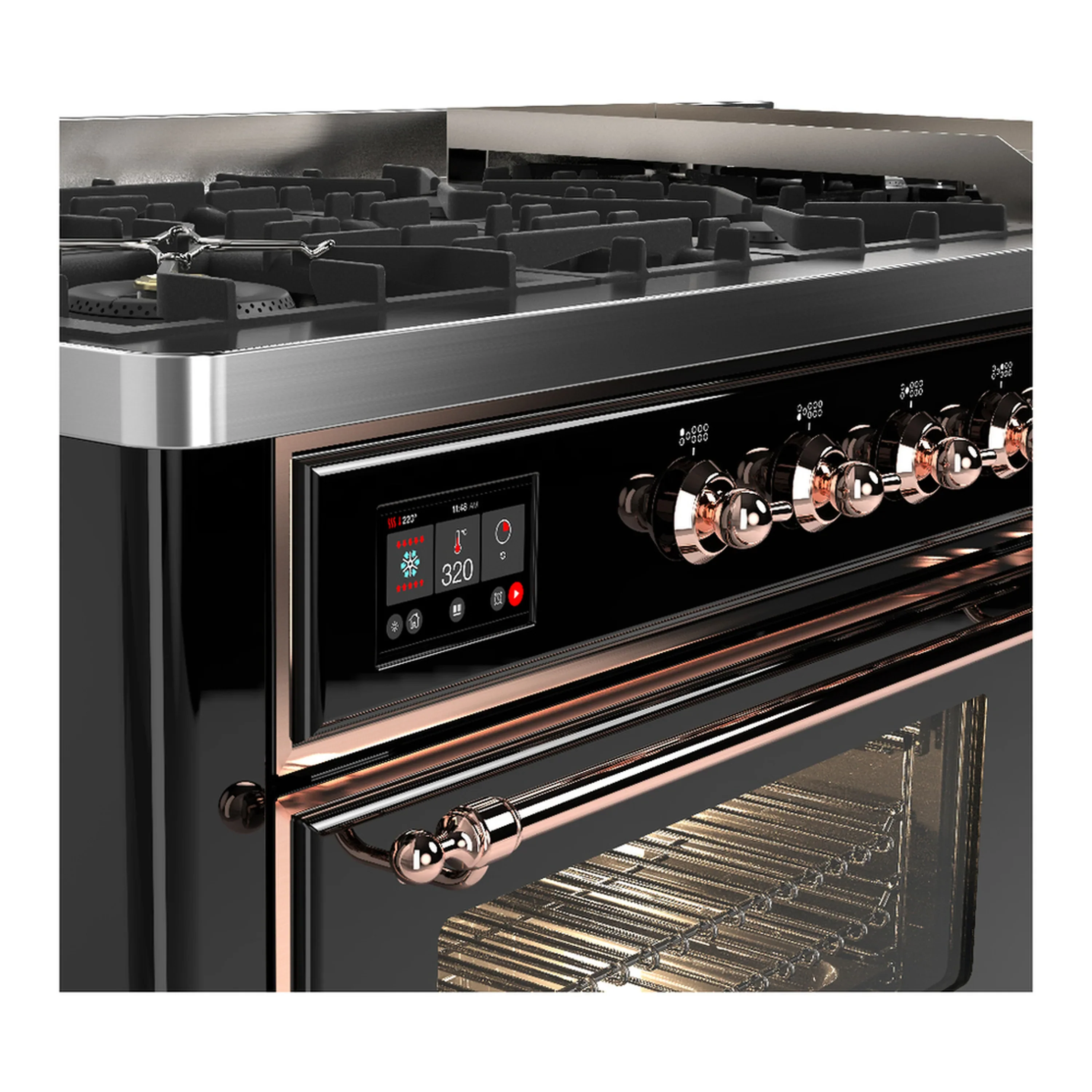 ILVE Majestic III 60-inch Dual Fuel Range with 7 Natural Gas Burner, Griddle and Triple Glass Door Electric Oven in Glossy Black with Copper Trim (UM60FNR3BKP) - Image 7