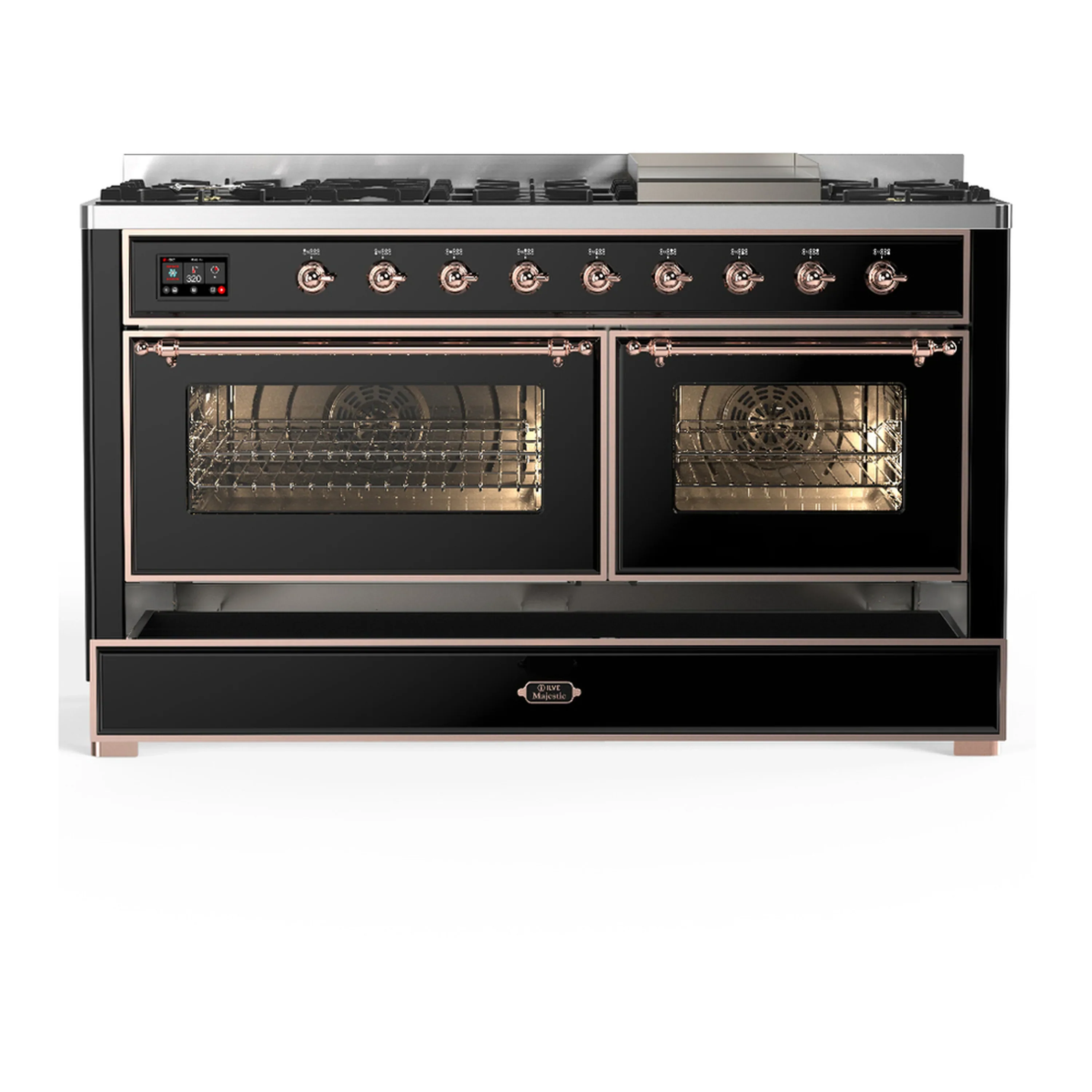 ILVE Majestic III 60-inch Dual Fuel Range with 5 Liquid Propane Burner, Griddle and Triple Glass Door Electric Oven in Glossy Black with Copper Trim (UM60FNR3BKPLP) - Image 3