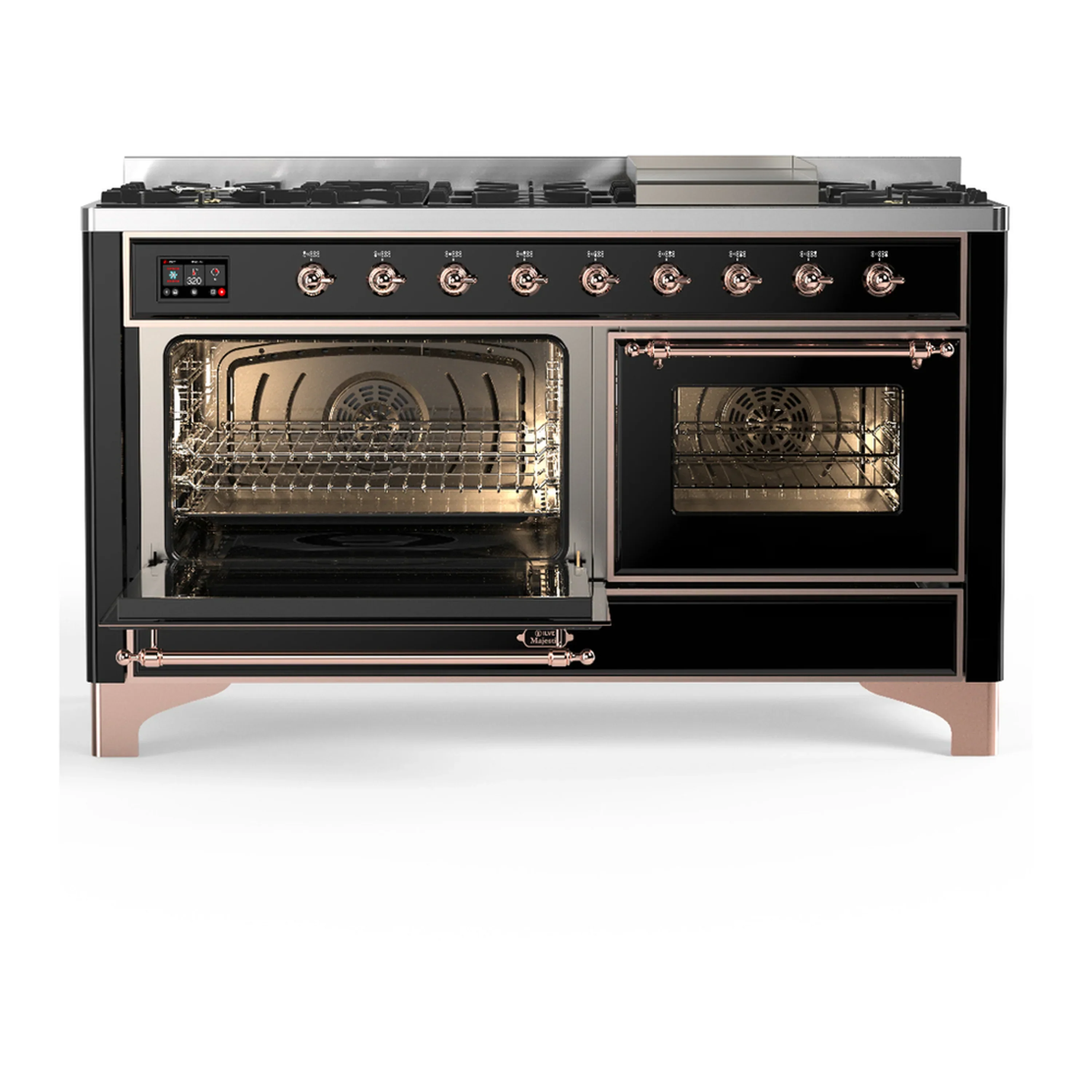 ILVE Majestic III 60-inch Dual Fuel Range with 5 Liquid Propane Burner, Griddle and Triple Glass Door Electric Oven in Glossy Black with Copper Trim (UM60FNR3BKPLP) - Image 5