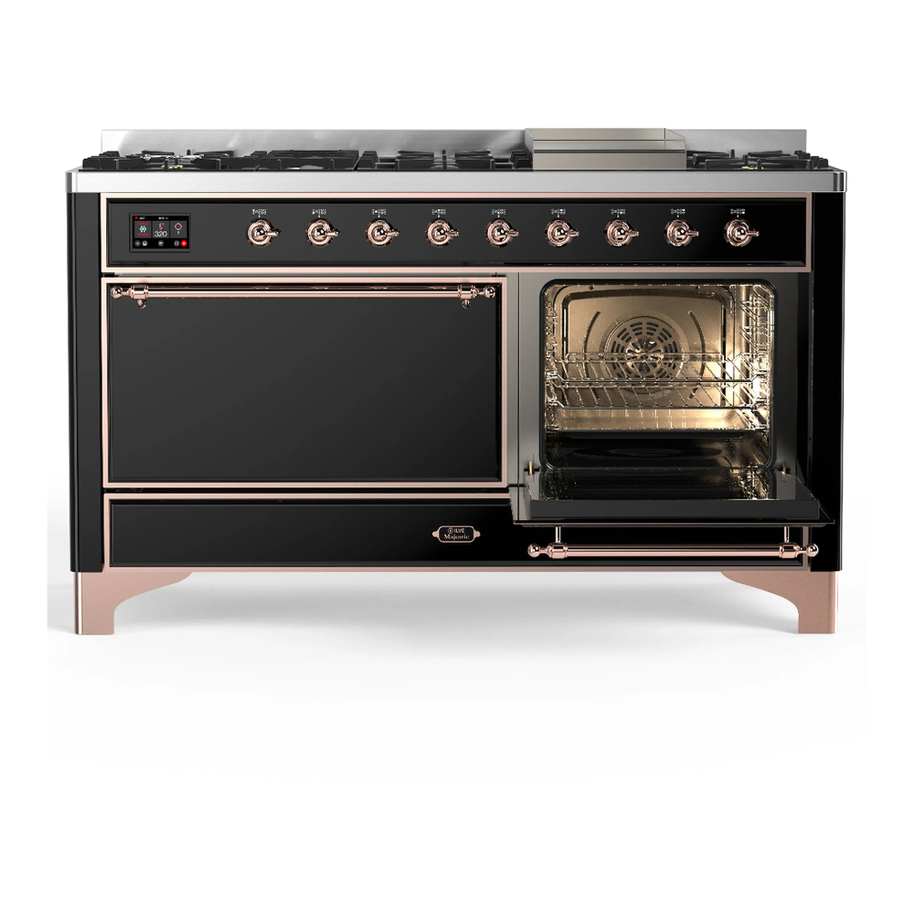 ILVE Majestic III 60-inch Dual Fuel Range with 7 Natural Gas Burner, Griddle and Solid Door Electric Oven in Glossy Black with Copper Trim (UM60FQNR3BKP) - Image 4