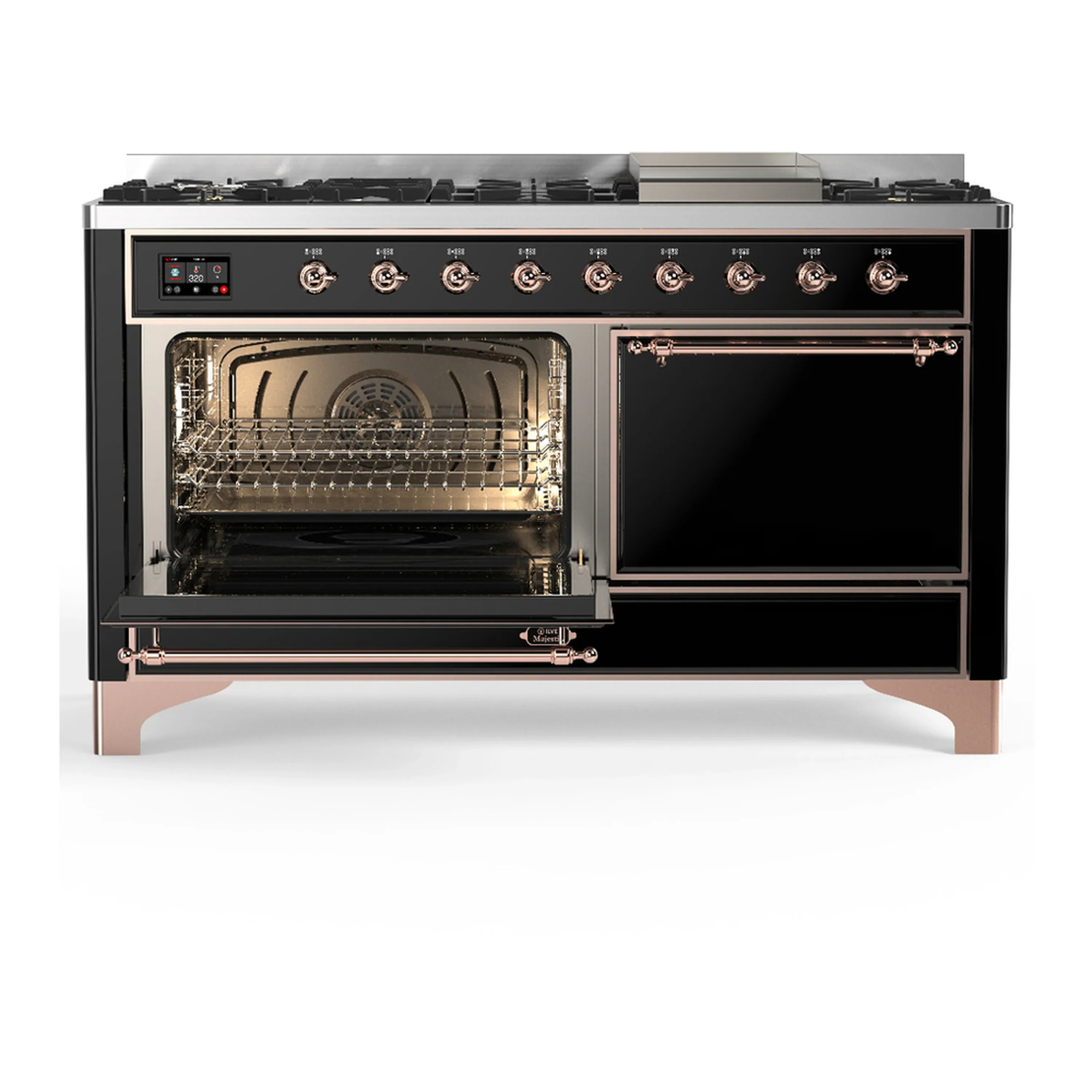 ILVE Majestic III 60-inch Dual Fuel Range with 7 Natural Gas Burner, Griddle and Solid Door Electric Oven in Glossy Black with Copper Trim (UM60FQNR3BKP) - Image 5