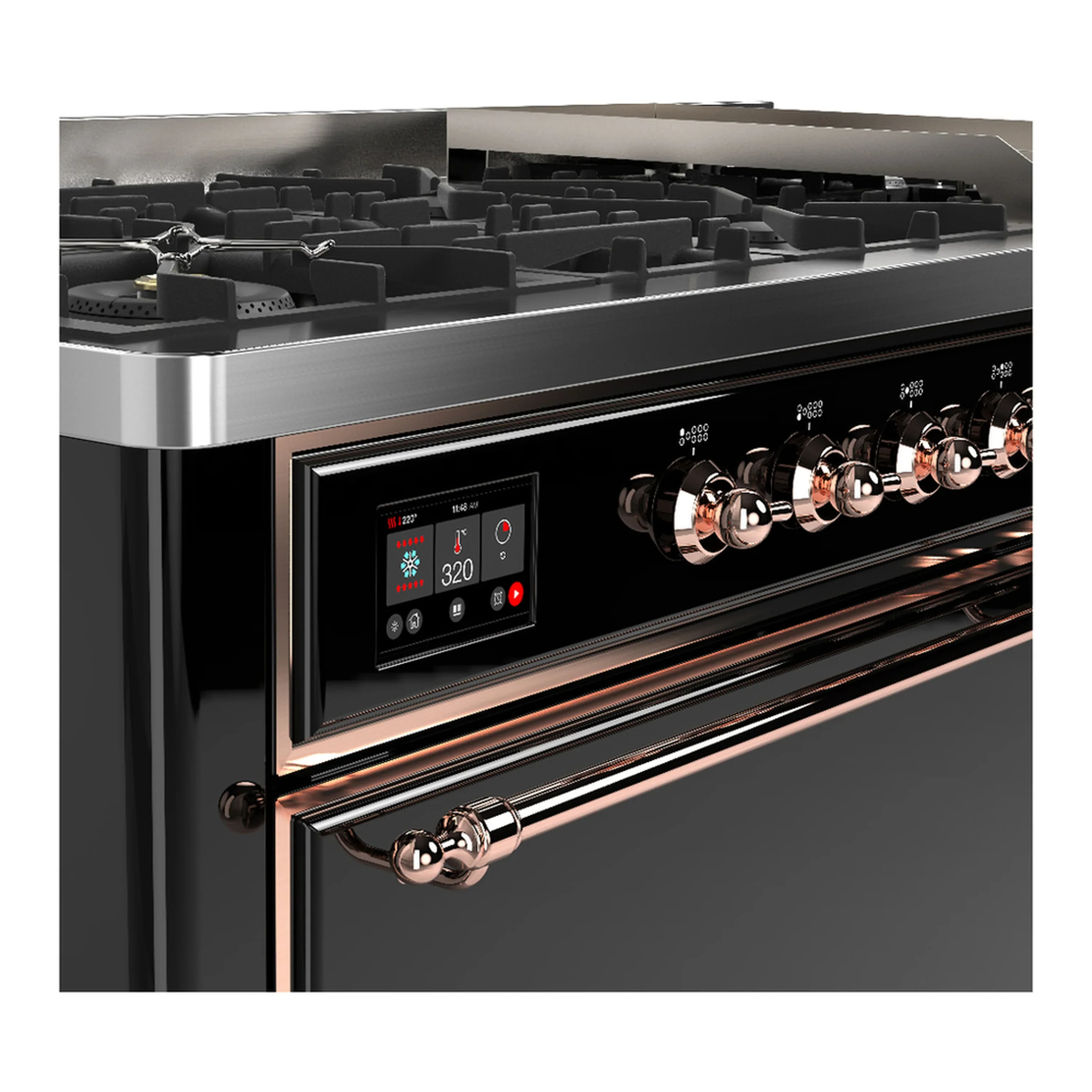 ILVE Majestic III 60-inch Dual Fuel Range with 7 Natural Gas Burner, Griddle and Solid Door Electric Oven in Glossy Black with Copper Trim (UM60FQNR3BKP) - Image 7