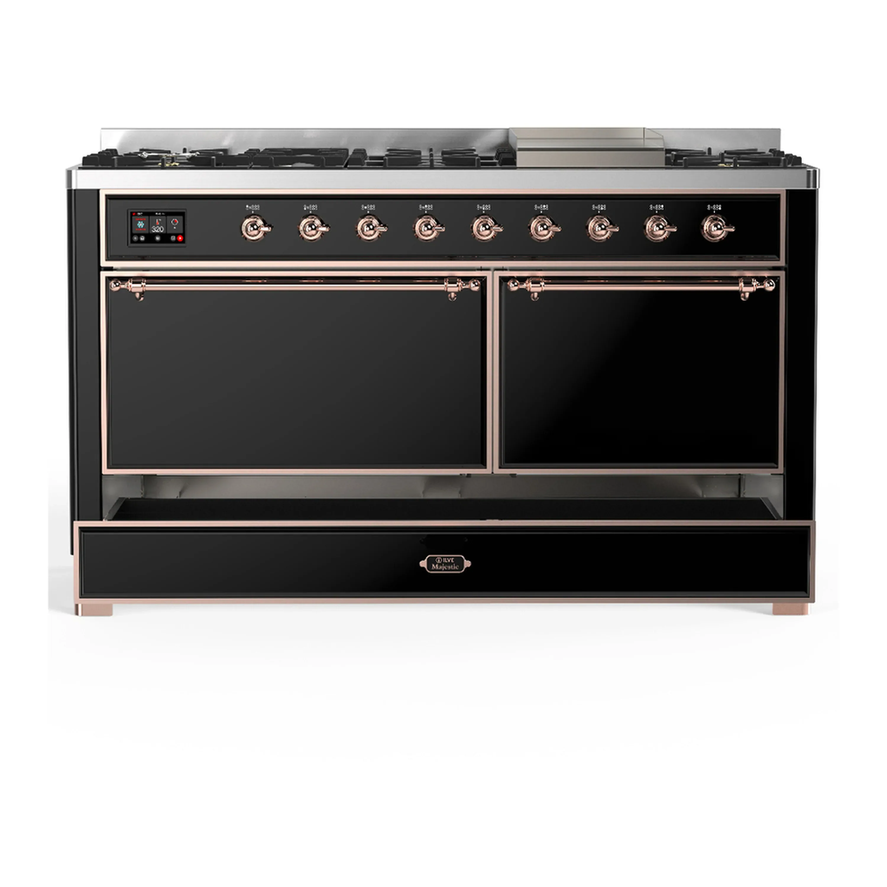 ILVE Majestic III 60-inch Dual Fuel Range with 5 Liquid Propane Burner, Griddle and Solid Door Electric Oven in Glossy Black with Copper Trim (UM60FQNR3BKPLP) - Image 3