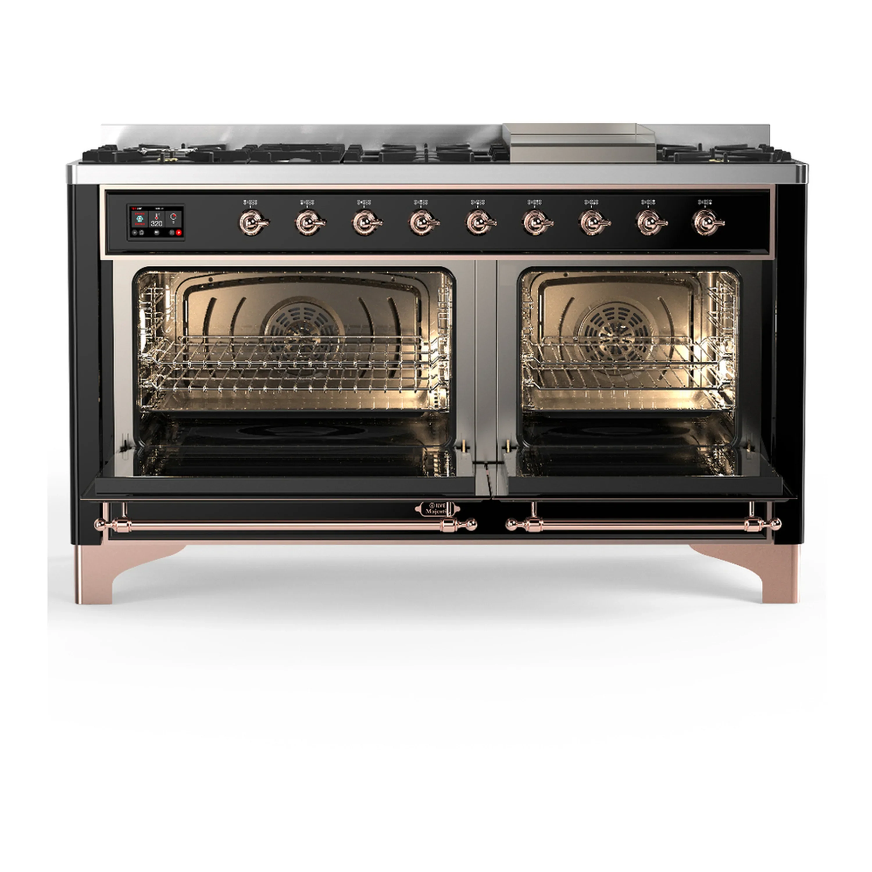 ILVE Majestic III 60-inch Dual Fuel Range with 5 Liquid Propane Burner, Griddle and Solid Door Electric Oven in Glossy Black with Copper Trim (UM60FQNR3BKPLP) - Image 6