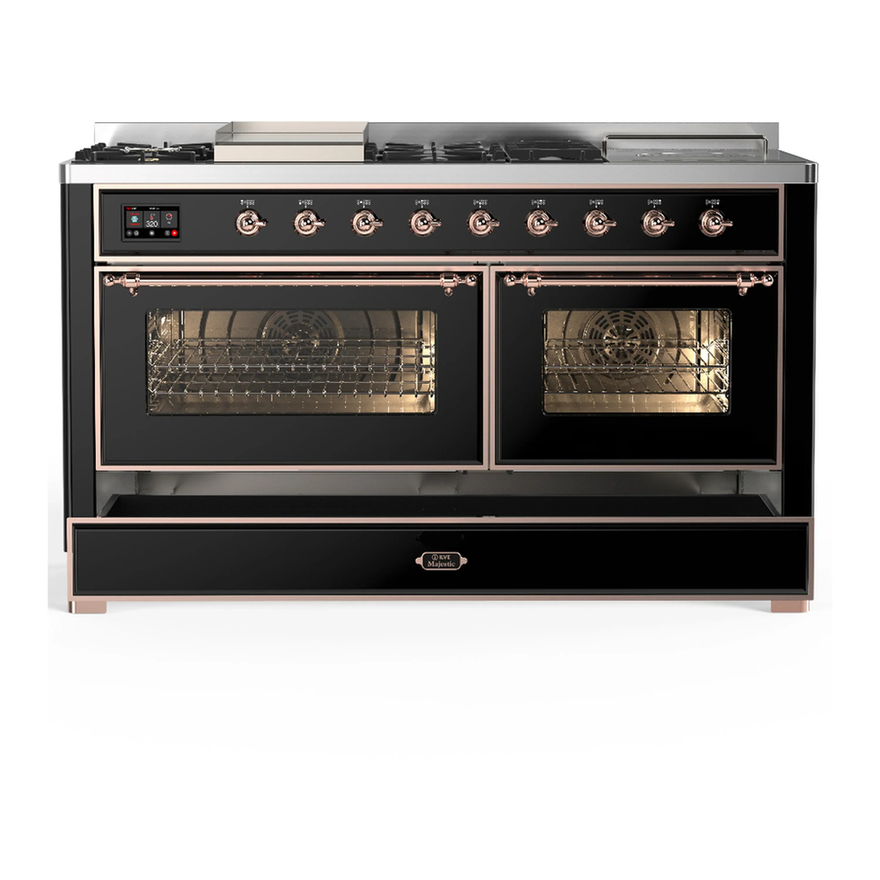 ILVE Majestic III 60-inch Dual Fuel Range with 7 Natural Gas Burner, Griddle, French Top and Triple Glass Door Electric Oven in Glossy Black with Copper Trim (UM60FSNR3BKP) - Image 3